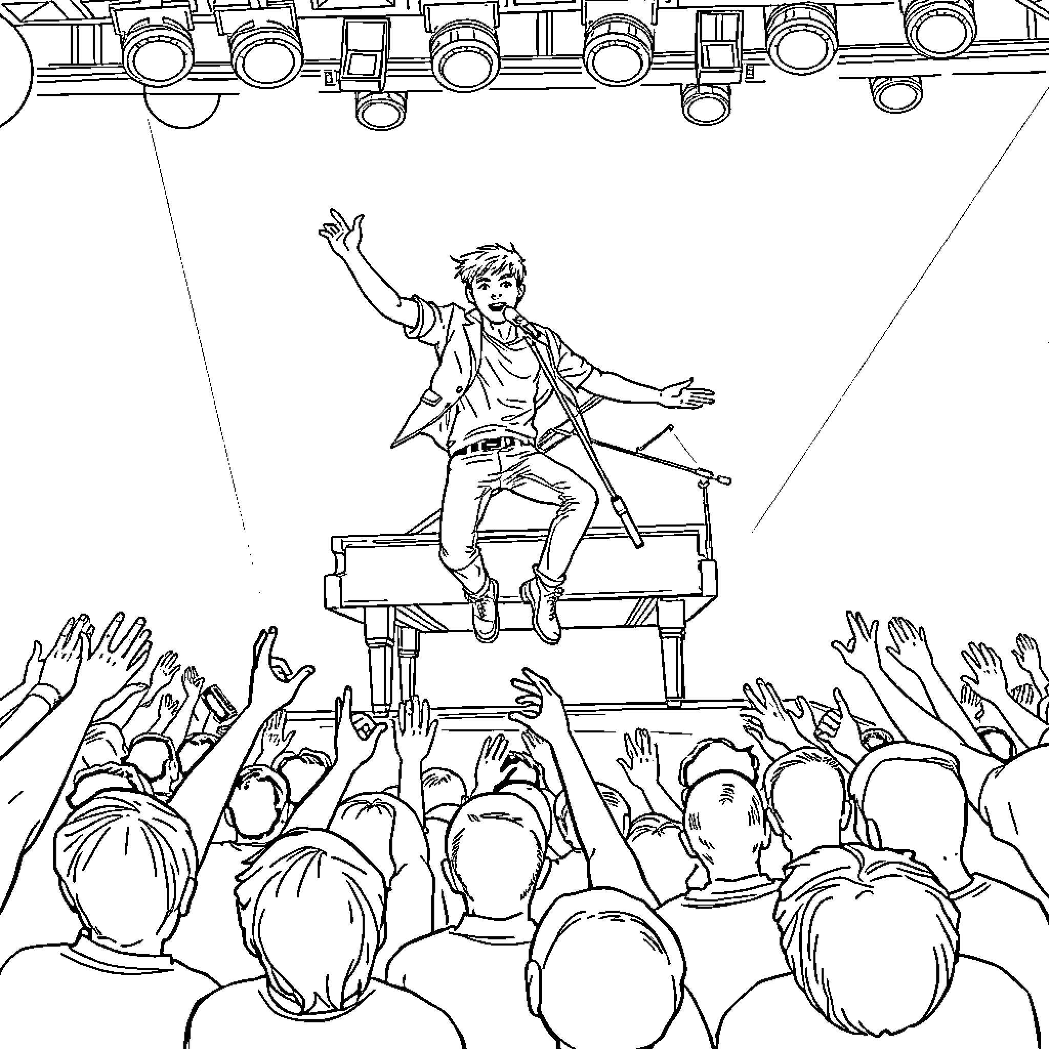 Tyler Joseph performing on stage with enthusiastic crowd Coloring Page (free black-and-white line drawing printable PDF for all, from beginners to advanced learners, including children, teens, adults, and seniors)