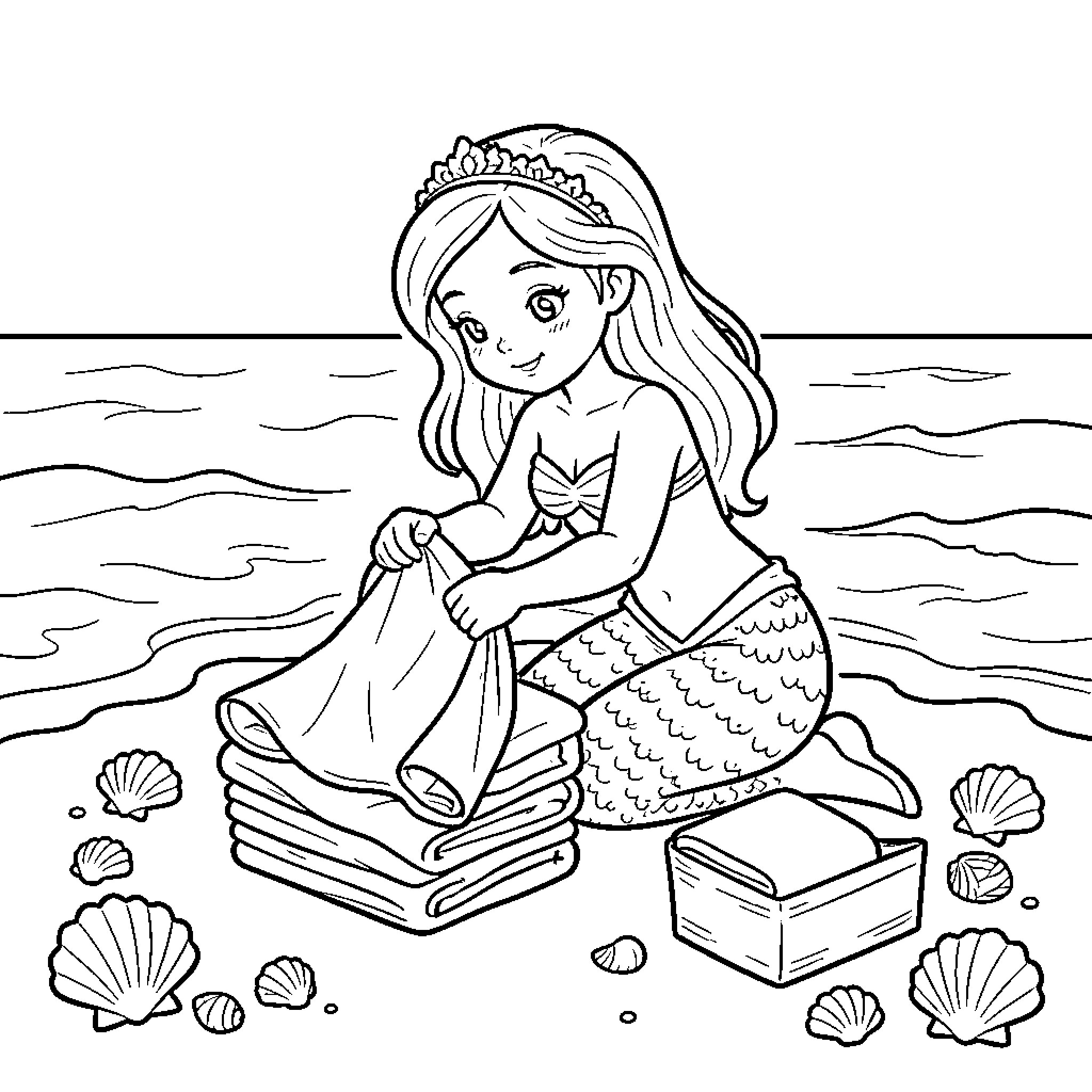 Mermaid folding laundry on a sandy beach Coloring Page (free black-and-white line drawing printable PDF for all, from beginners to advanced learners, including children, teens, adults, and seniors)