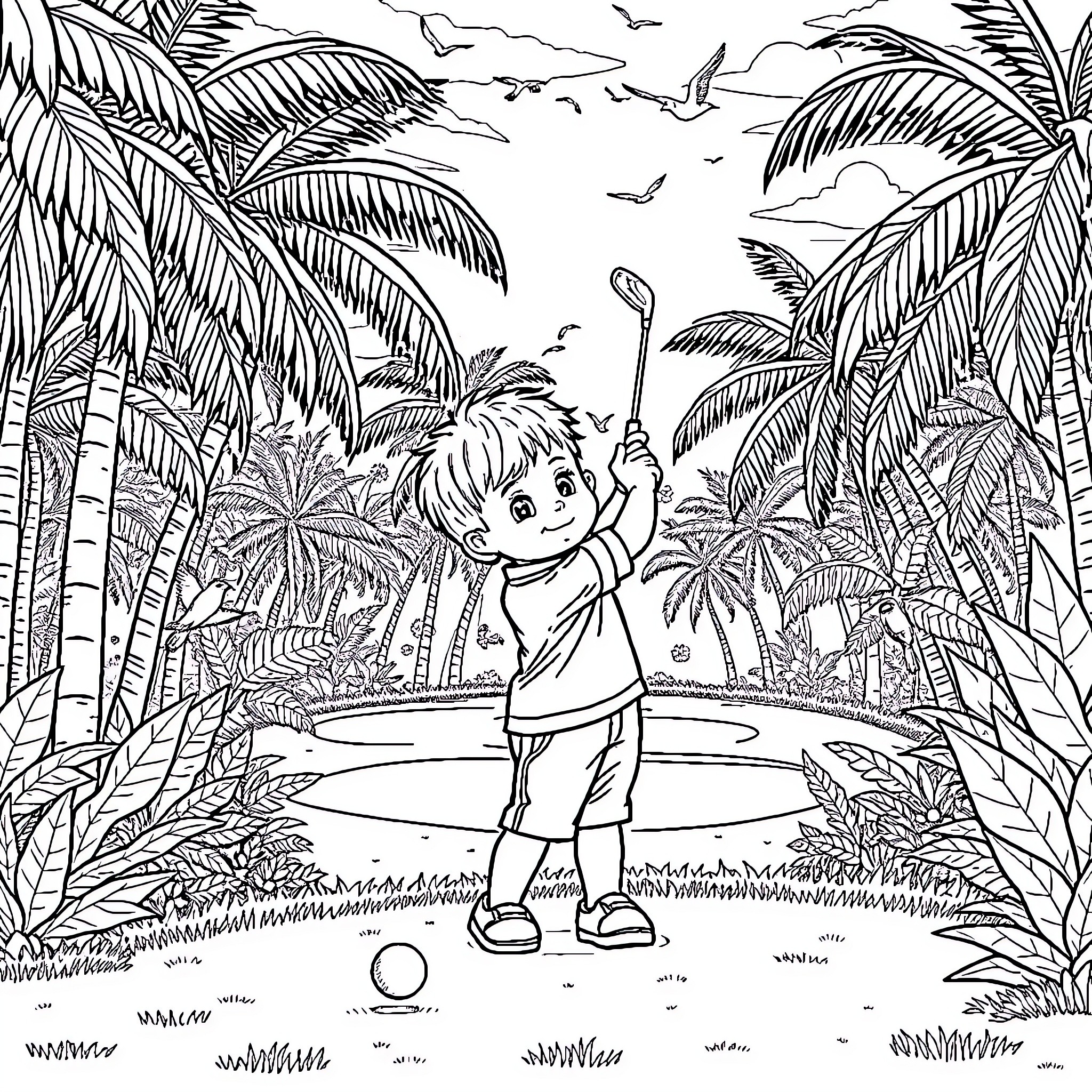Baby boy playing with ball in tropical jungle Coloring Page (free black-and-white line drawing printable PDF for all, from beginners to advanced learners, including children, teens, adults, and seniors)