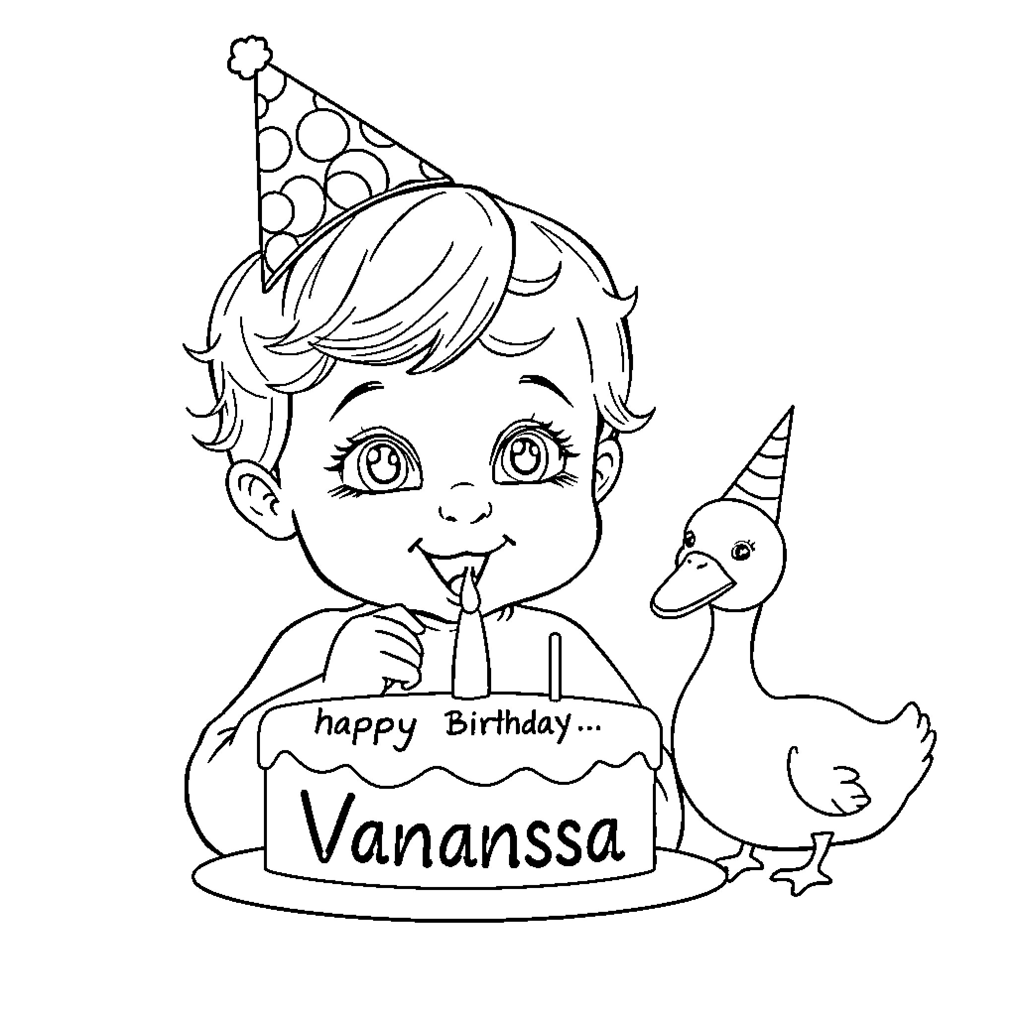 Baby celebrating birthday with cake and pet duck Coloring Page (free black-and-white line drawing printable PDF for all, from beginners to advanced learners, including children, teens, adults, and seniors)