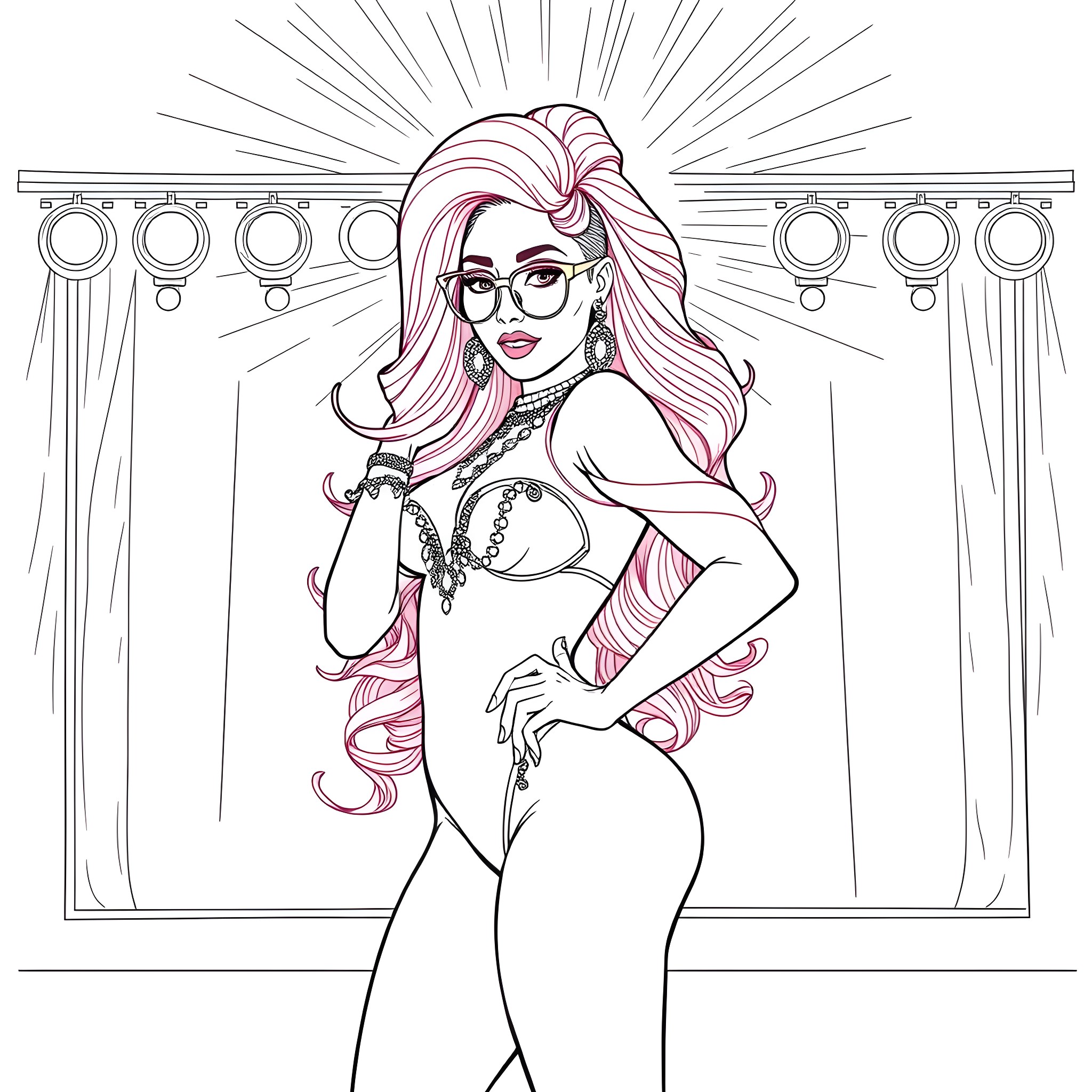 Nicki Minaj Striking a Confident Pose on Stage Coloring Page (free black-and-white line drawing printable PDF for all, from beginners to advanced learners, including children, teens, adults, and seniors)