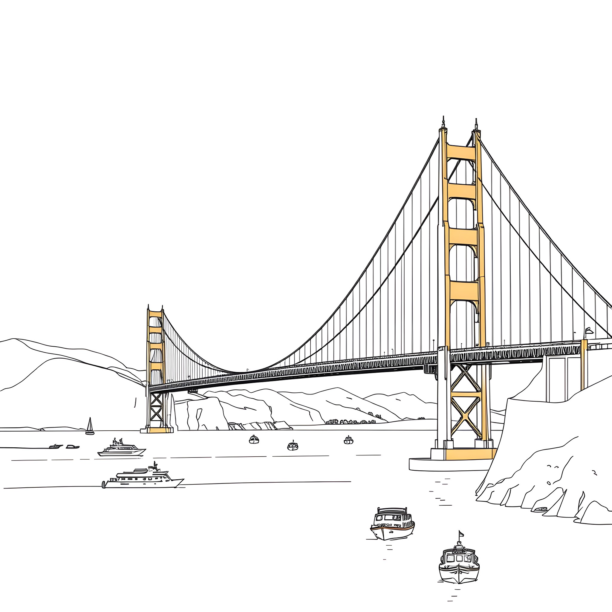 Golden Gate Bridge with ships and boats below Coloring Page (free black-and-white line drawing printable PDF for all, from beginners to advanced learners, including children, teens, adults, and seniors)