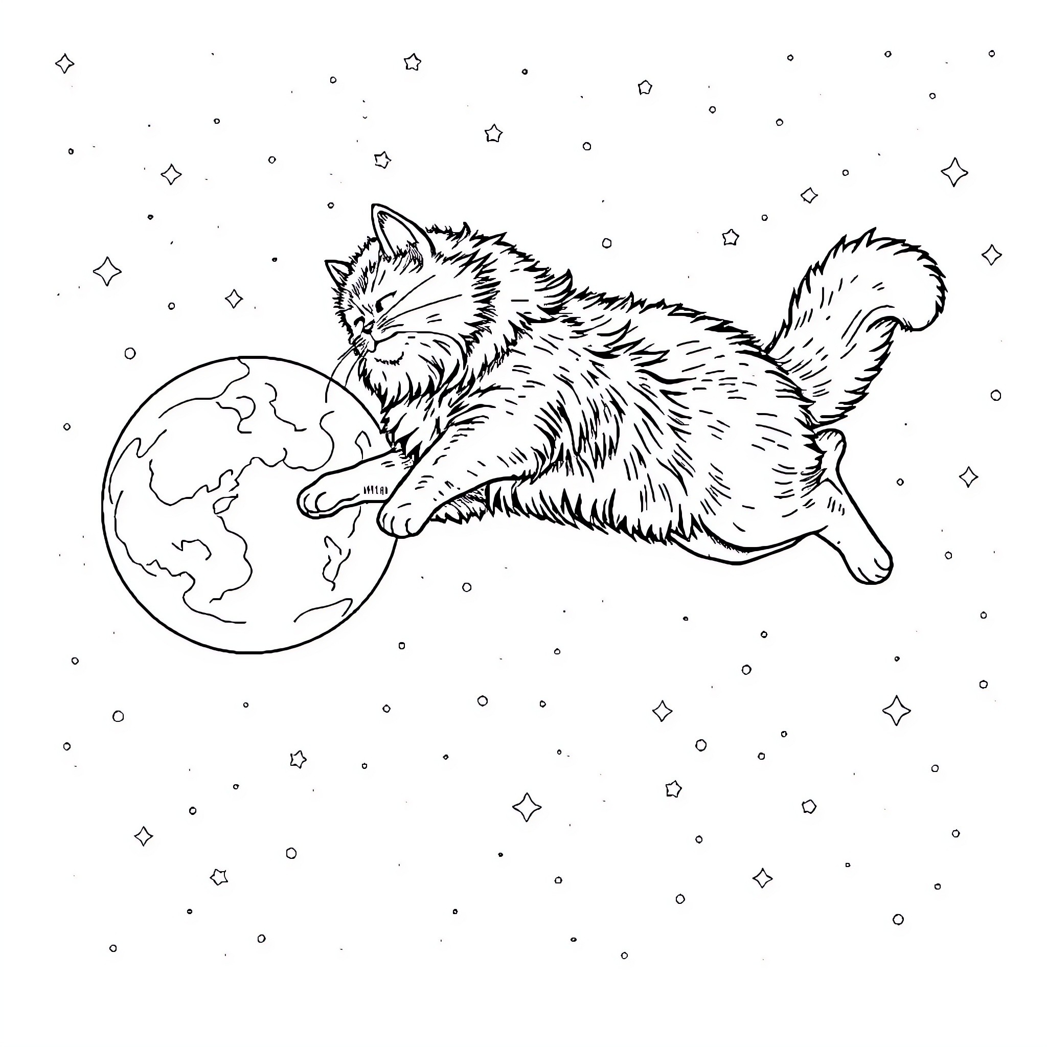 Cat exploring the universe Coloring Page (free black-and-white line drawing printable PDF for all, from beginners to advanced learners, including children, teens, adults, and seniors)