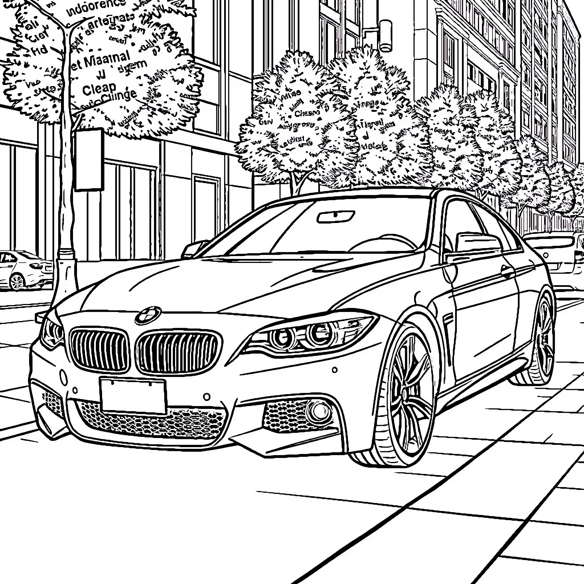 BMW Sports Car Parked on City Street Coloring Page (free black-and-white line drawing printable PDF for all, from beginners to advanced learners, including children, teens, adults, and seniors)
