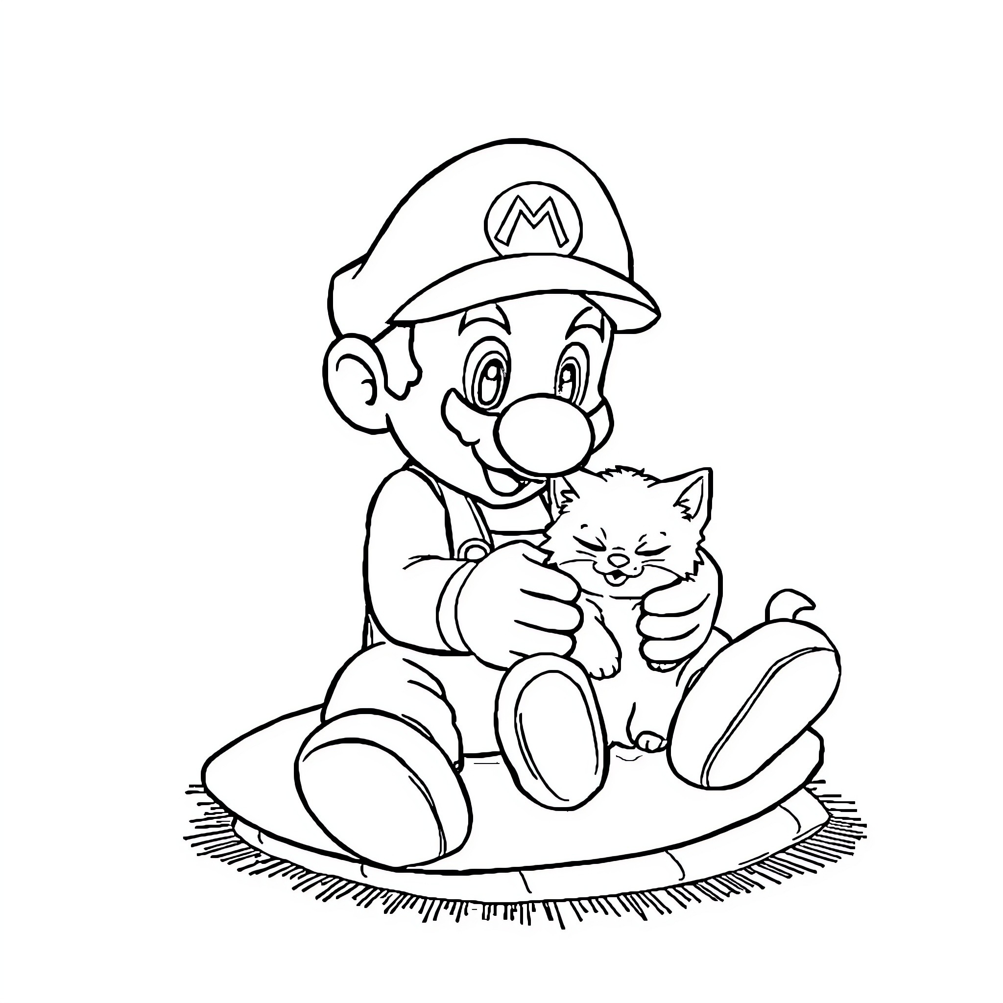 Mario Holding a Friendly Cat Coloring Page (free black-and-white line drawing printable PDF for all, from beginners to advanced learners, including children, teens, adults, and seniors)