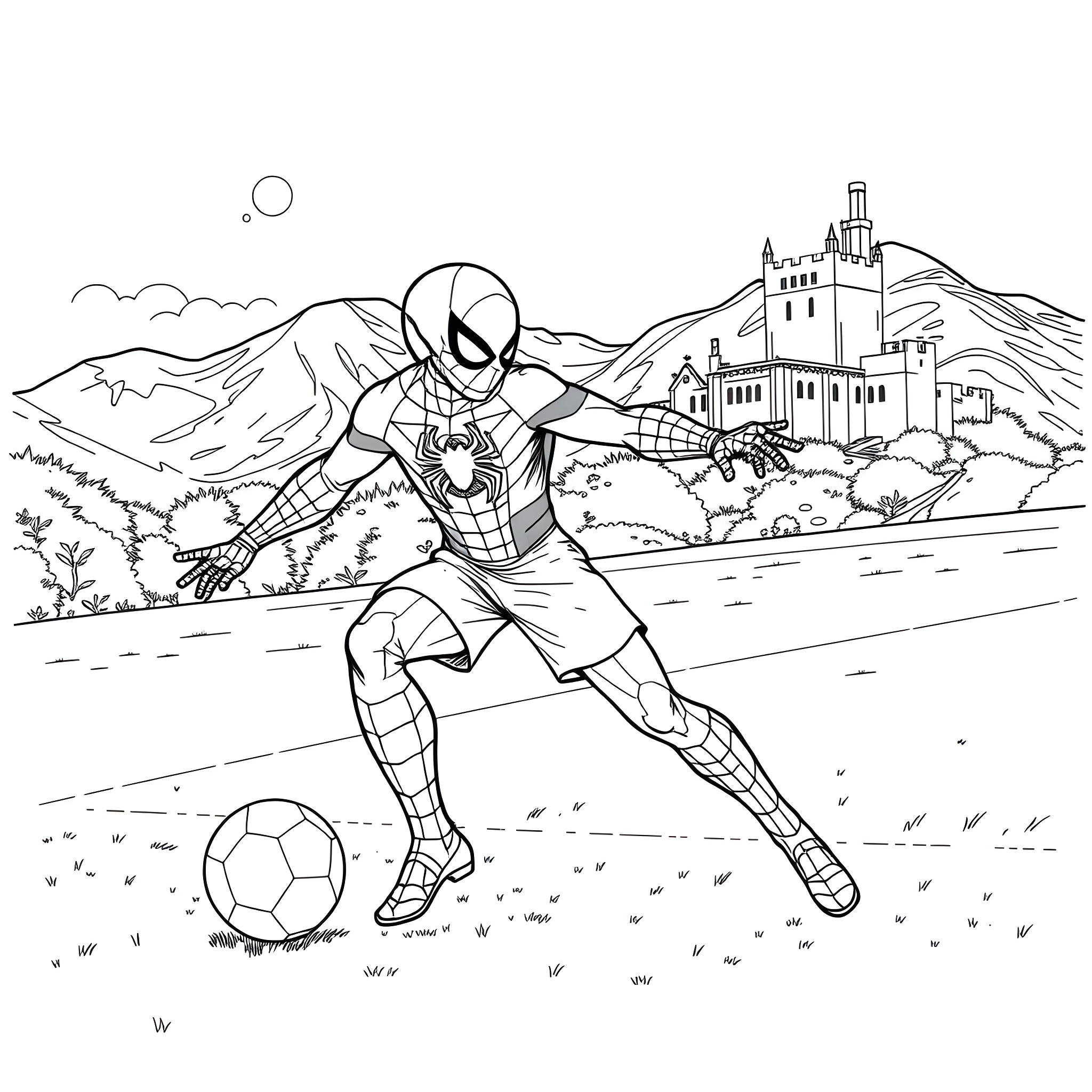 Spiderman playing soccer in scenic landscape Coloring Page (free black-and-white line drawing printable PDF for all, from beginners to advanced learners, including children, teens, adults, and seniors)