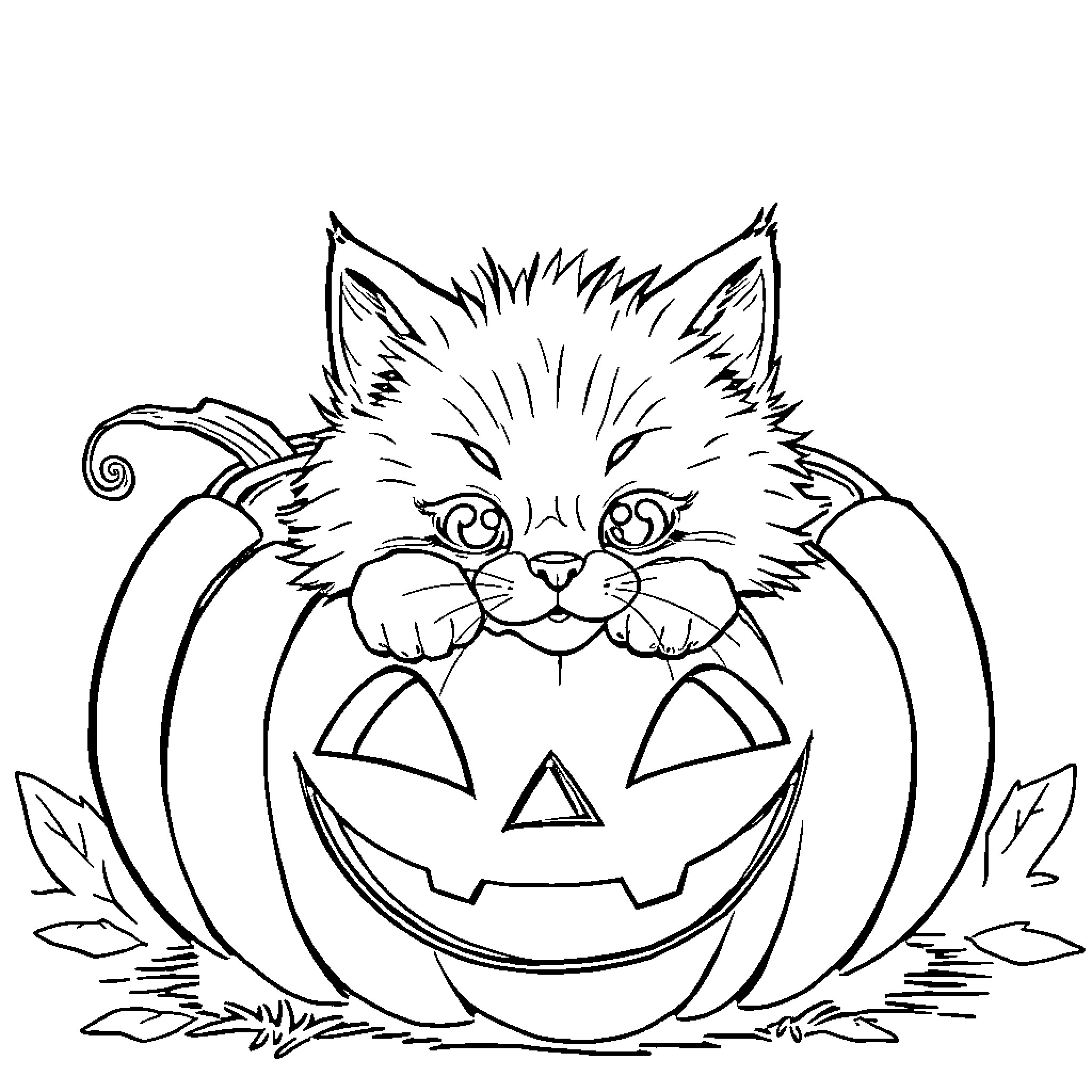 Cat nestled in a Halloween pumpkin Coloring Page (free black-and-white line drawing printable PDF for all, from beginners to advanced learners, including children, teens, adults, and seniors)