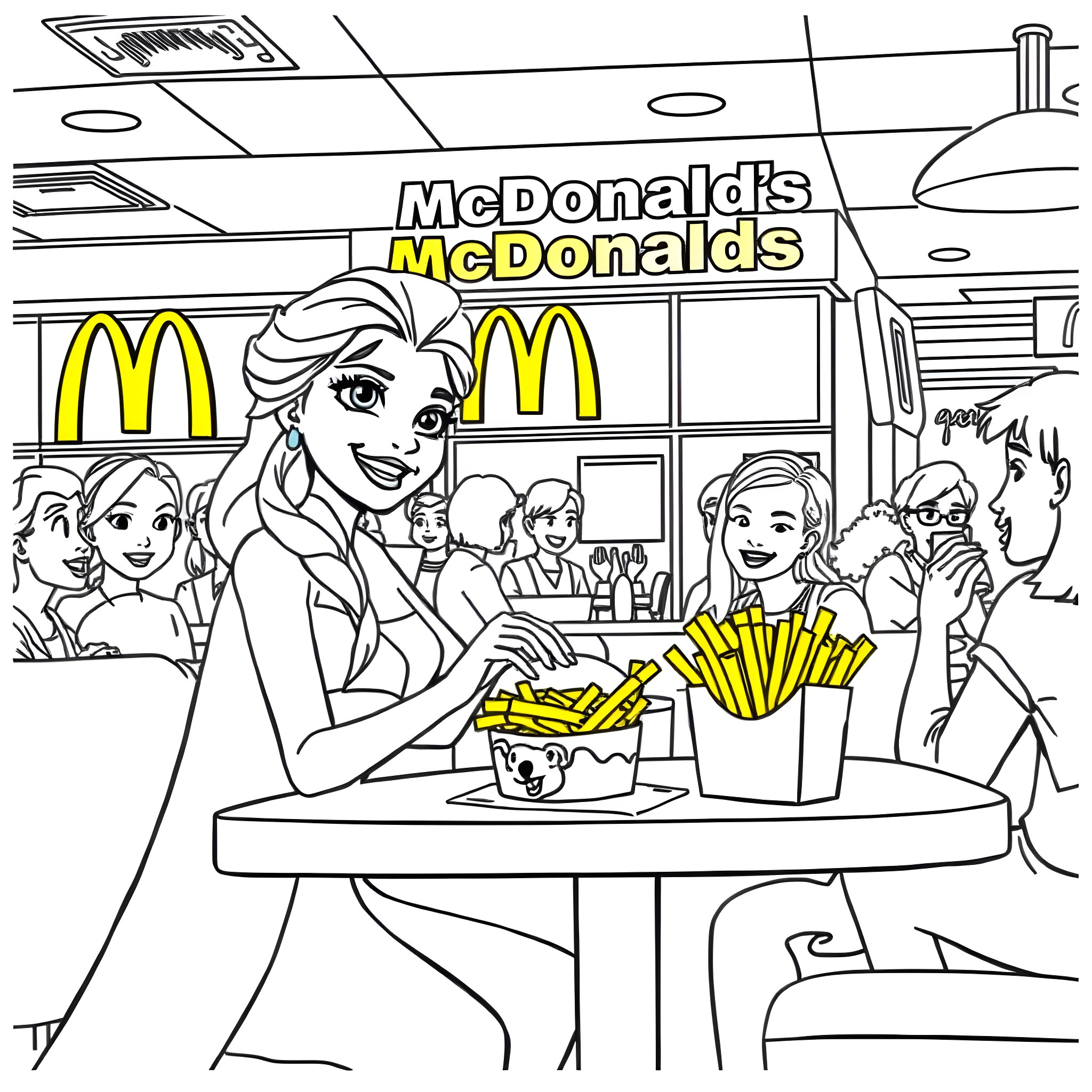 Elsa serving happy customers at McDonald's Coloring Page (free black-and-white line drawing printable PDF for all, from beginners to advanced learners, including children, teens, adults, and seniors)