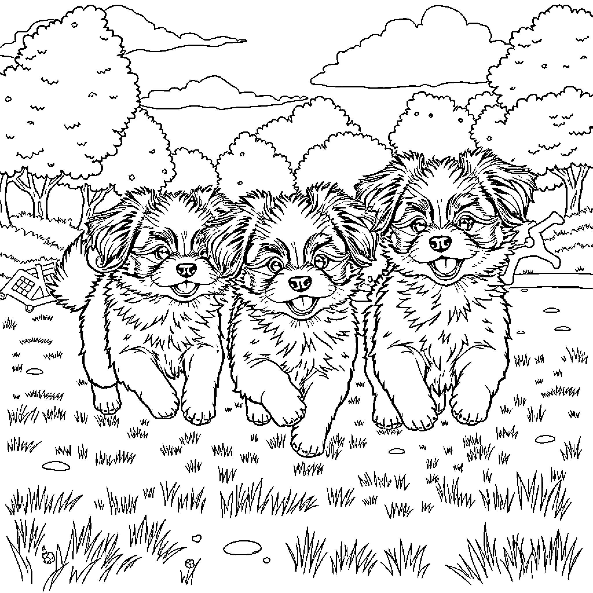 Papillon dogs playing happily in the outdoors Coloring Page (free black-and-white line drawing printable PDF for all, from beginners to advanced learners, including children, teens, adults, and seniors)