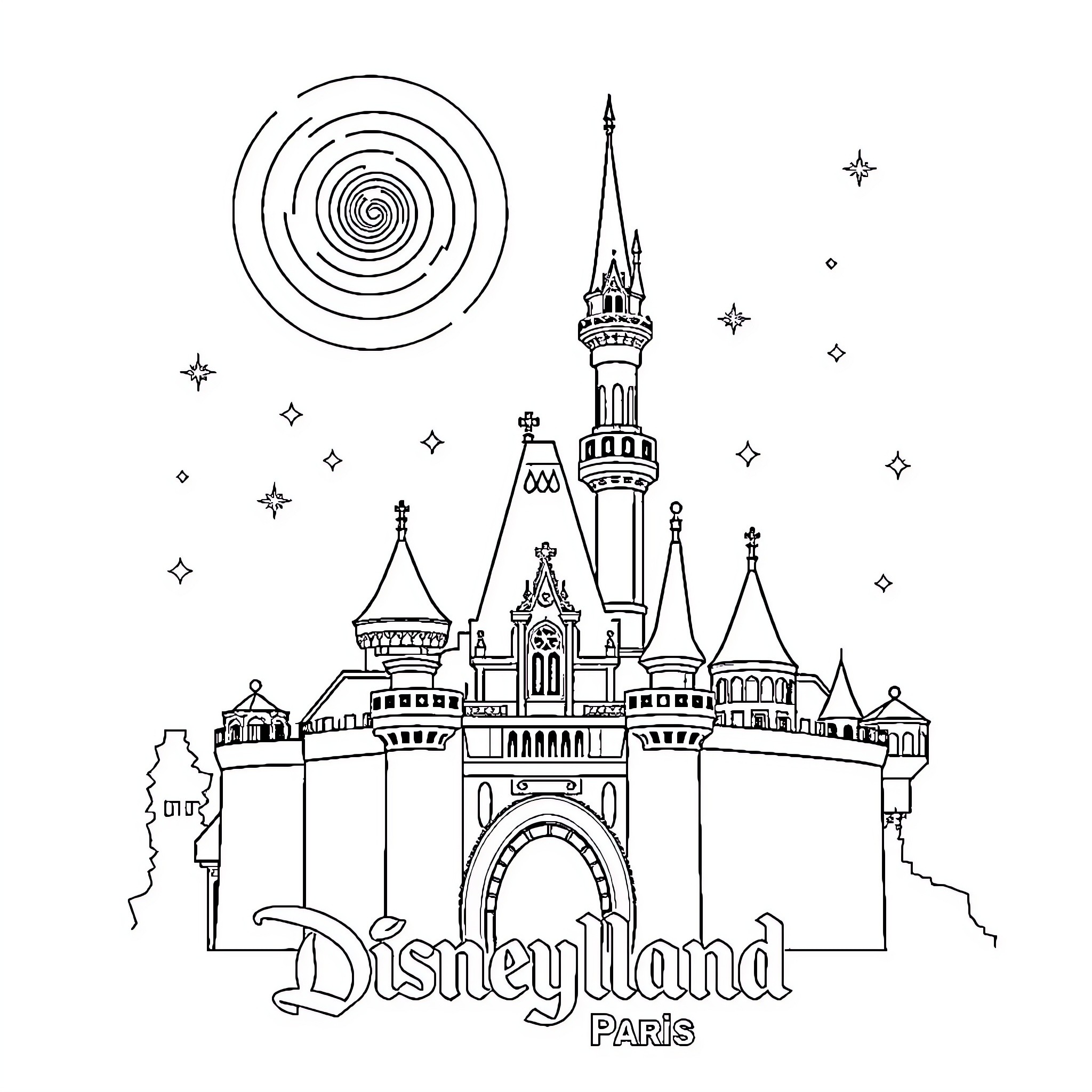 Disneyland Paris with Whimsical Castle and Attractions Coloring Page (free black-and-white line drawing printable PDF for all, from beginners to advanced learners, including children, teens, adults, and seniors)
