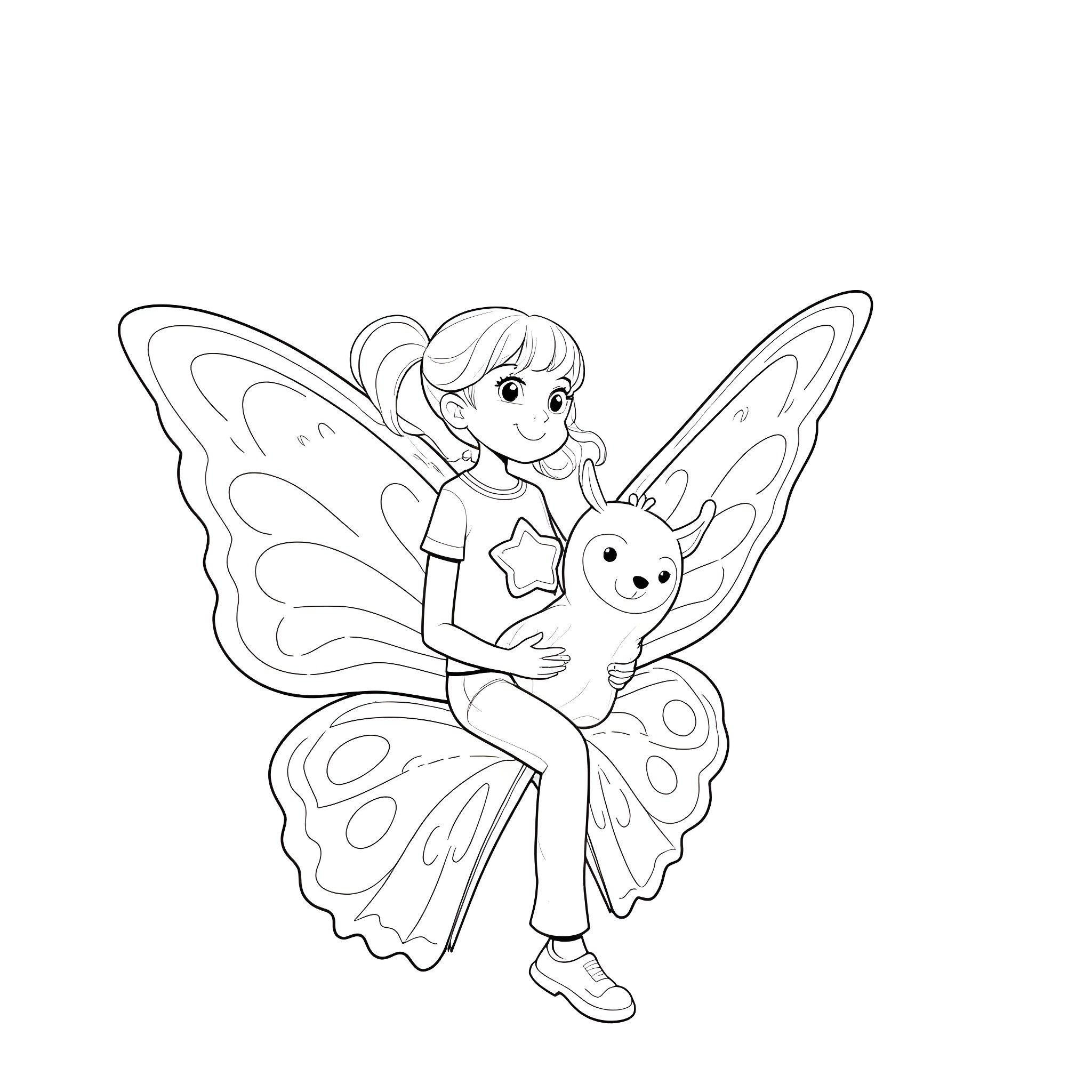 Girl fairy holding a cute companion Coloring Page (free black-and-white line drawing printable PDF for all, from beginners to advanced learners, including children, teens, adults, and seniors)
