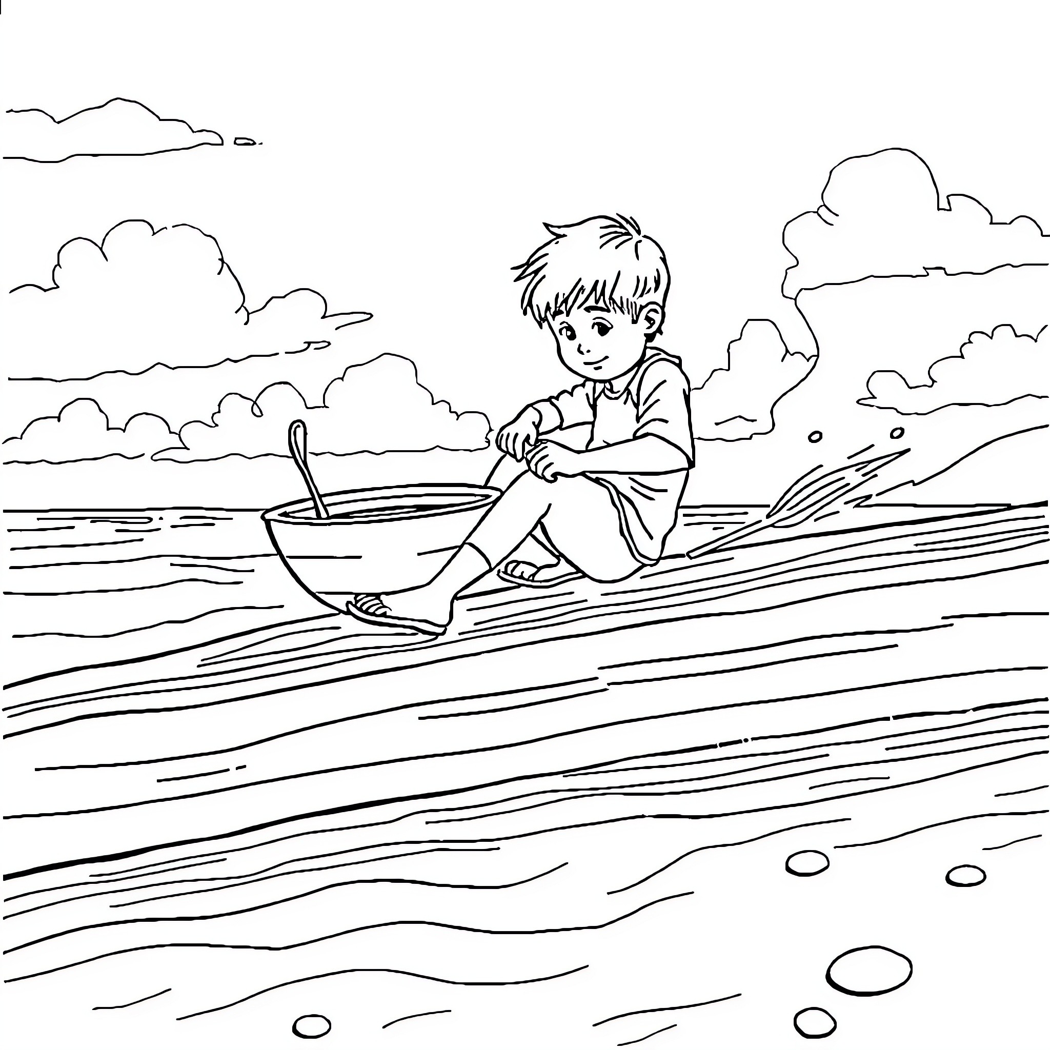 Boy sitting in boat on serene lake Coloring Page (free black-and-white line drawing printable PDF for all, from beginners to advanced learners, including children, teens, adults, and seniors)