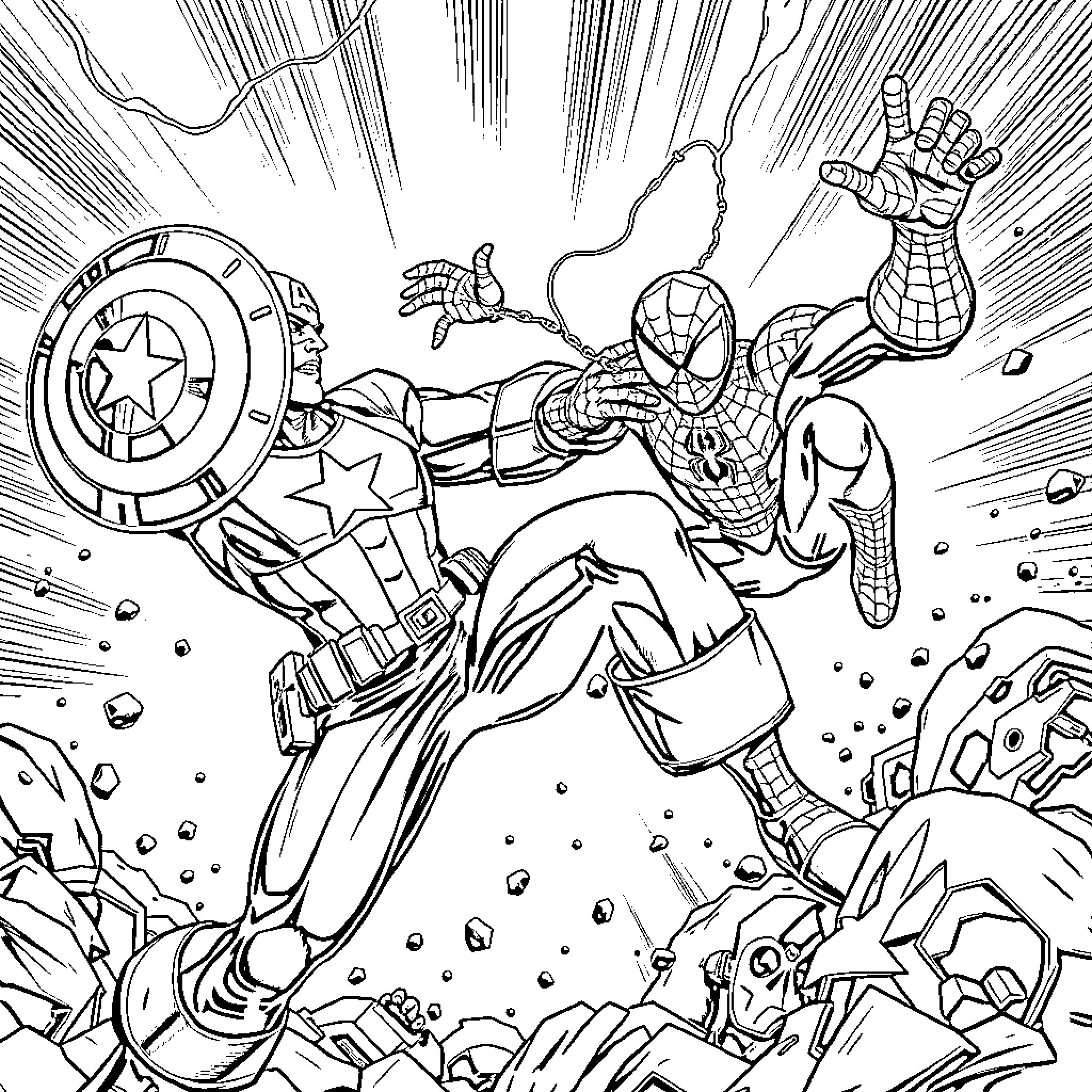 Captain America and Spiderman Fight Enemies in Space Coloring Page (free black-and-white line drawing printable PDF for all, from beginners to advanced learners, including children, teens, adults, and seniors)