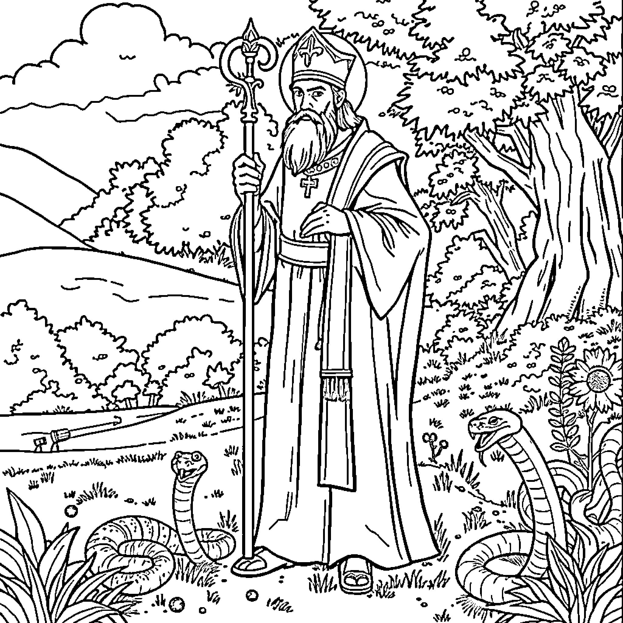 Saint Patrick standing amidst nature with religious symbols Coloring Page (free black-and-white line drawing printable PDF for all, from beginners to advanced learners, including children, teens, adults, and seniors)