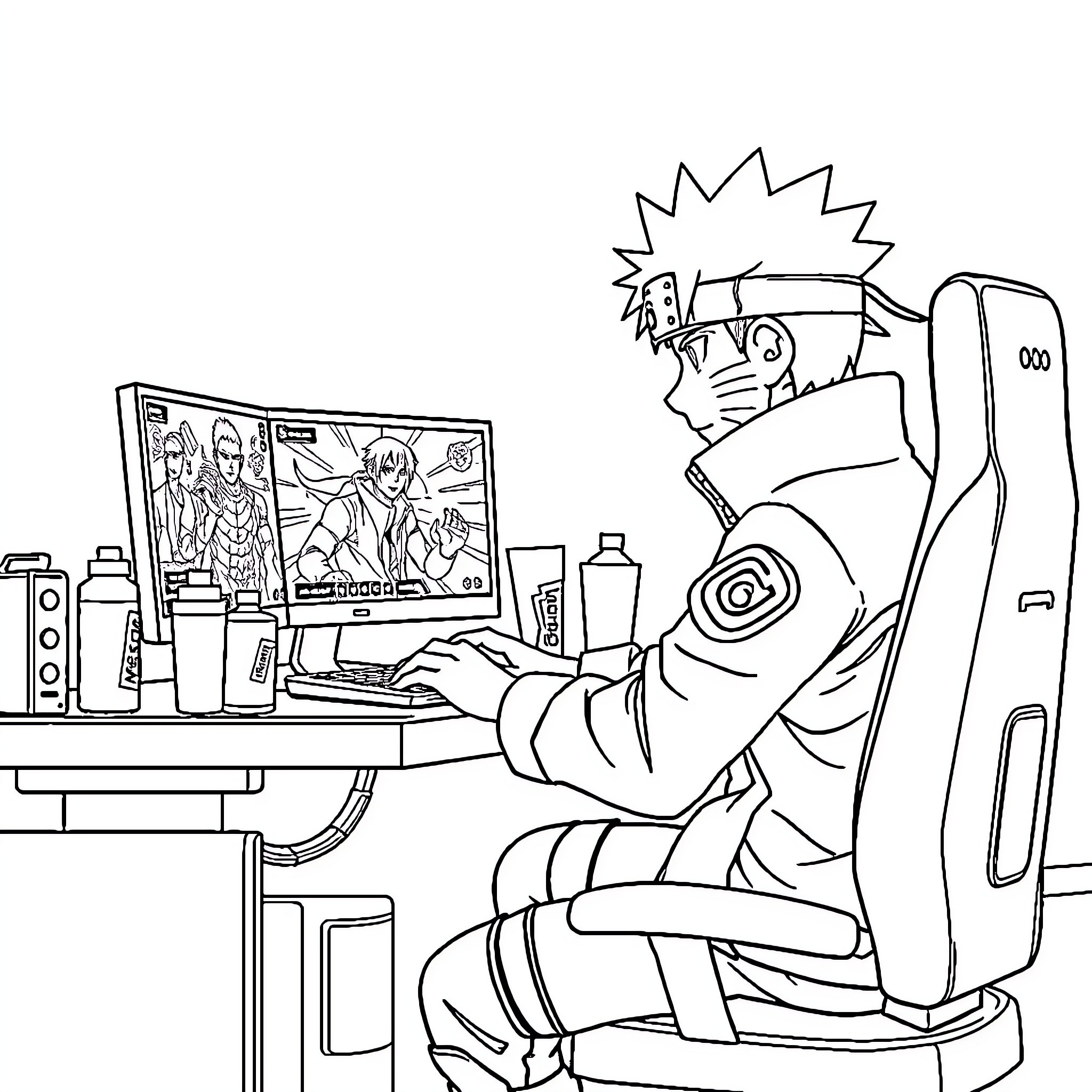 Naruto playing video games at his gaming setup Coloring Page (free black-and-white line drawing printable PDF for all, from beginners to advanced learners, including children, teens, adults, and seniors)