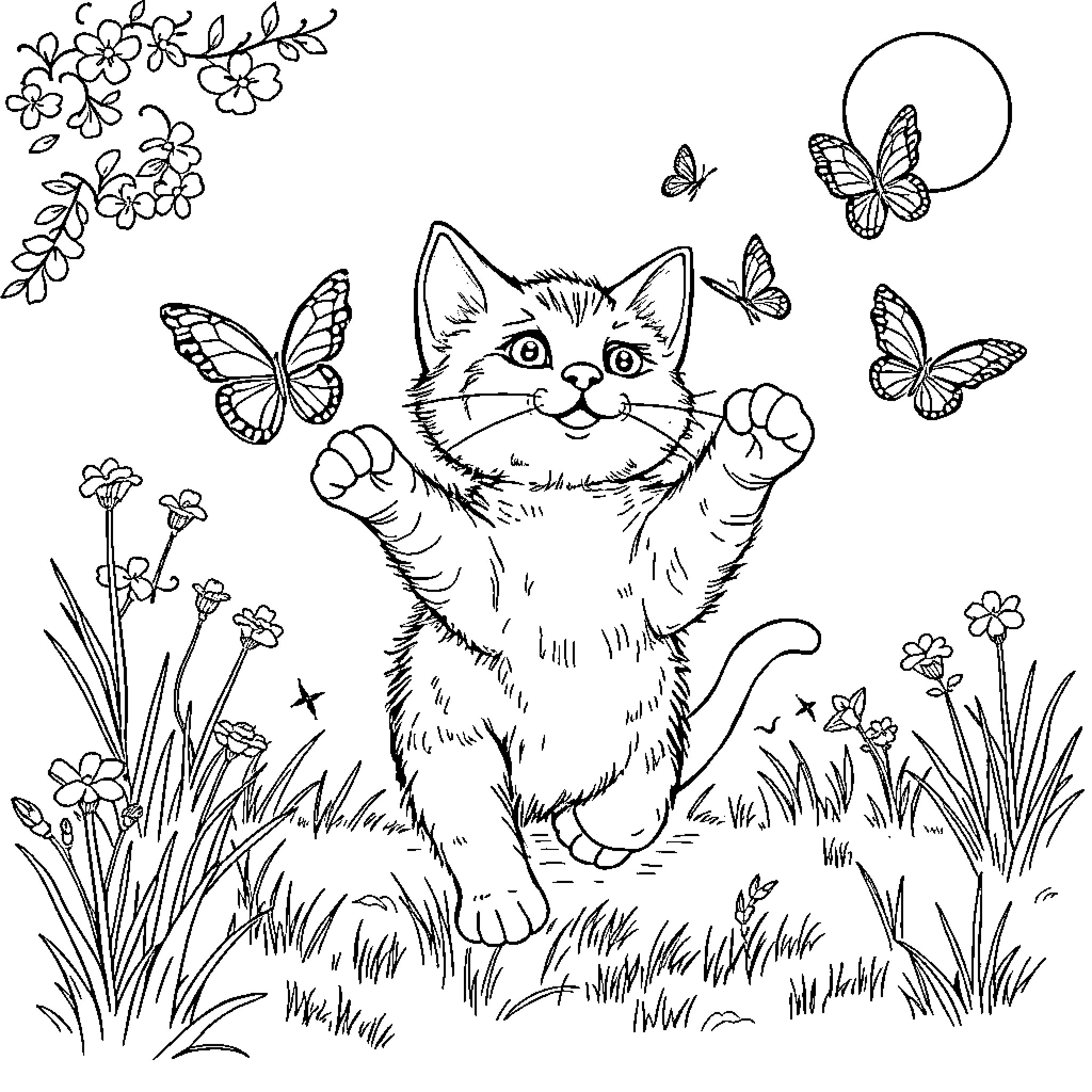 Cat playing joyfully among flowers and butterflies Coloring Page (free black-and-white line drawing printable PDF for all, from beginners to advanced learners, including children, teens, adults, and seniors)