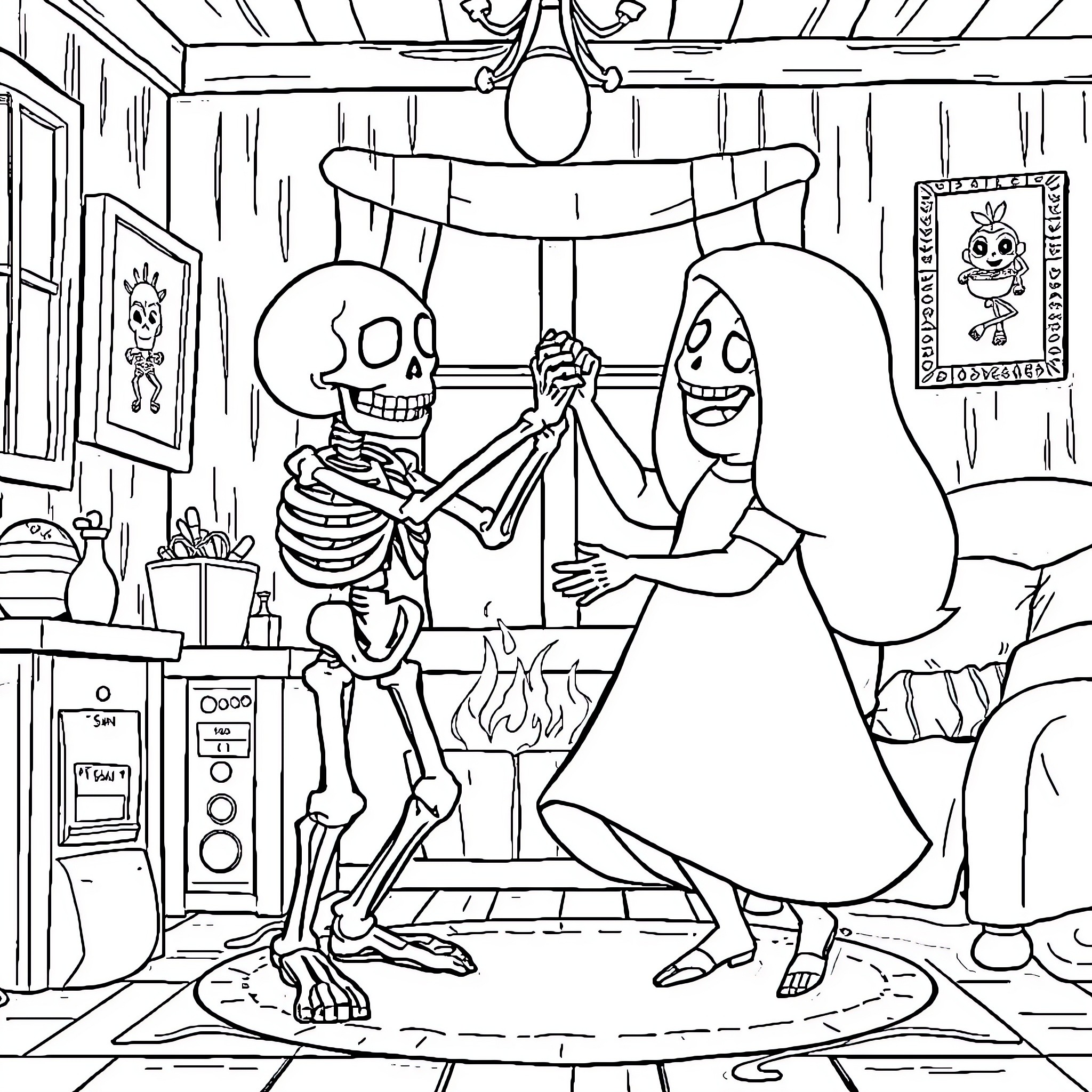 Sans skeleton and ghost sharing a spooky moment Coloring Page (free black-and-white line drawing printable PDF for all, from beginners to advanced learners, including children, teens, adults, and seniors)