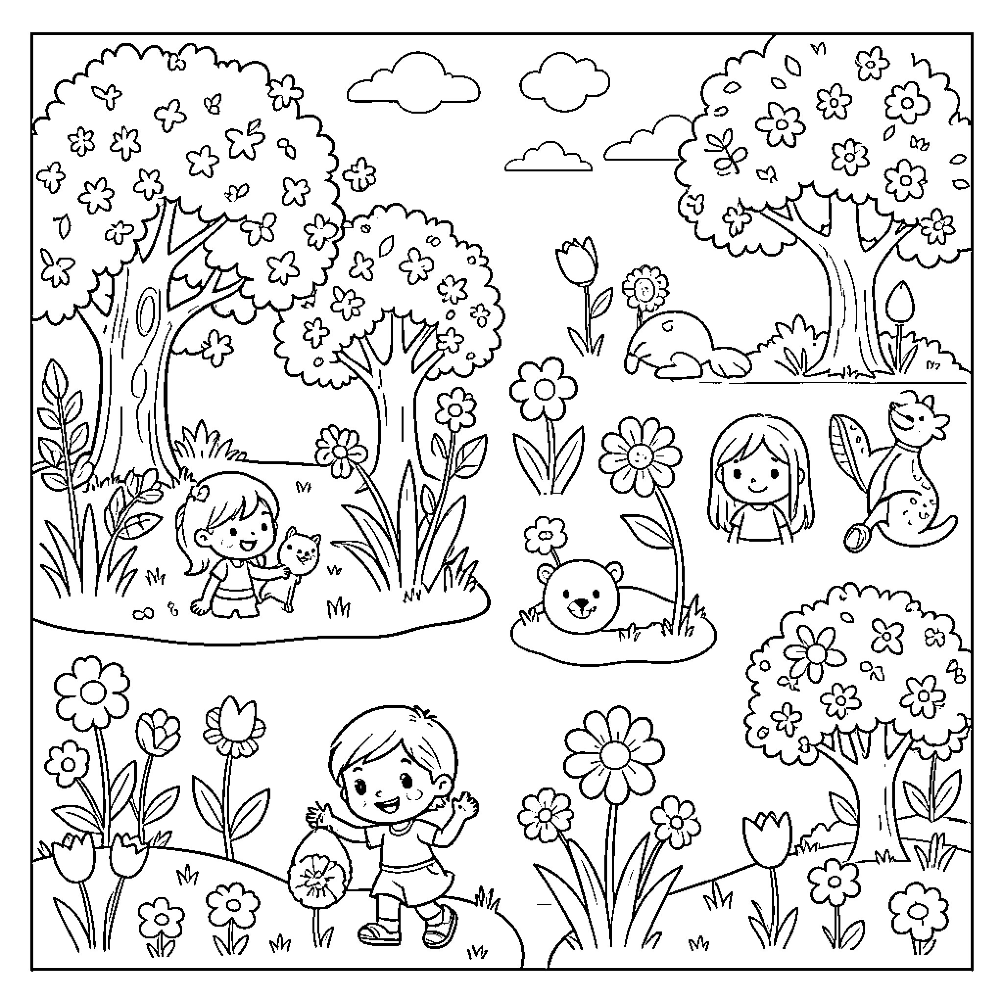 Primavera - Children playing in a spring garden Coloring Page (free black-and-white line drawing printable PDF for all, from beginners to advanced learners, including children, teens, adults, and seniors)