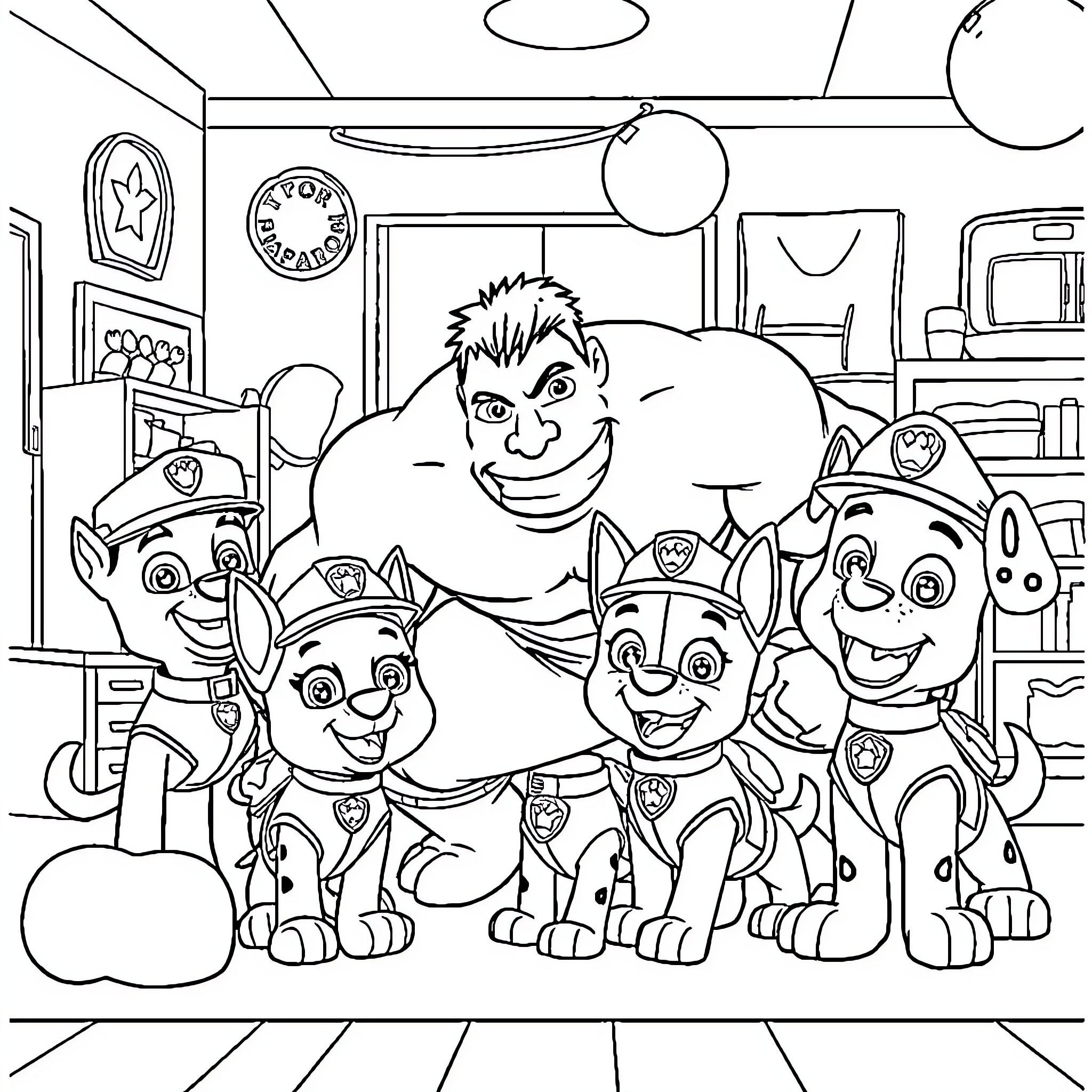 Hulk Joins the Paw Patrol Team Coloring Page (free black-and-white line drawing printable PDF for all, from beginners to advanced learners, including children, teens, adults, and seniors)
