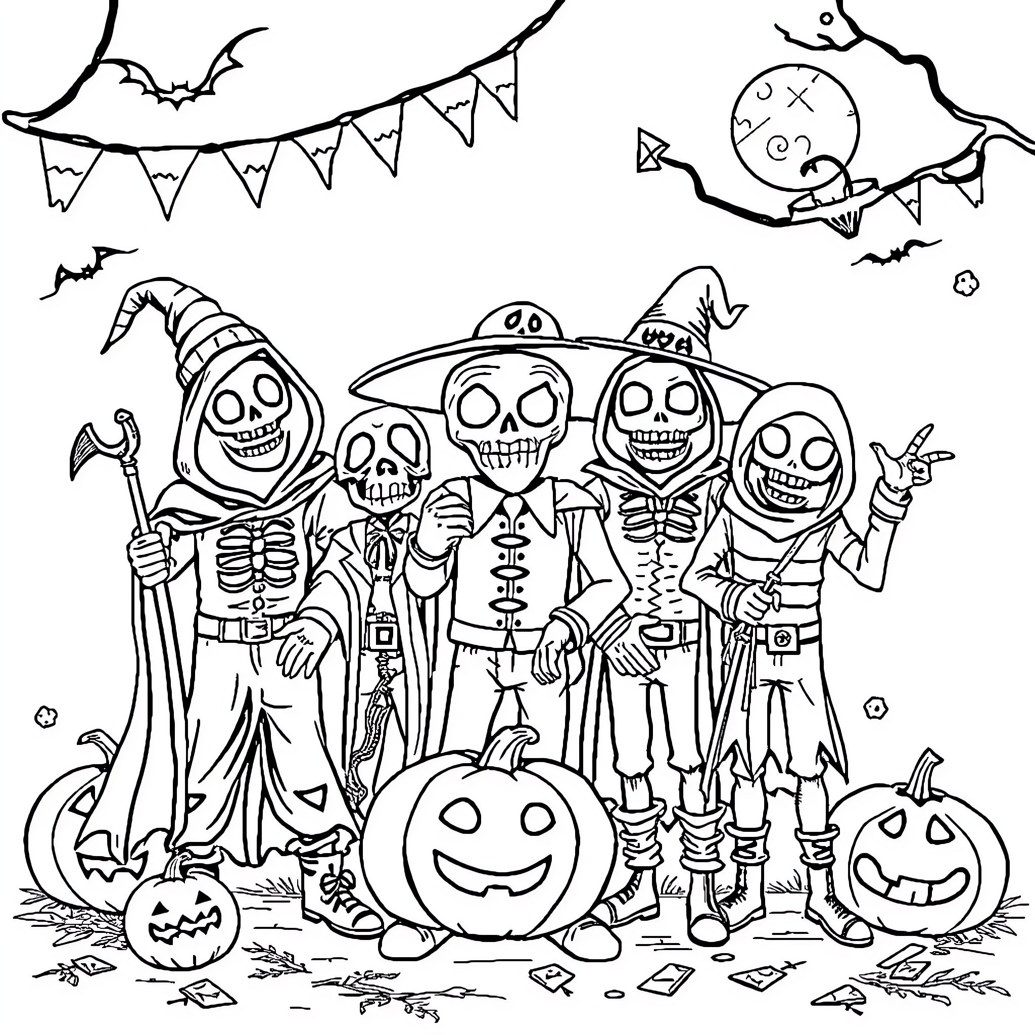 Bad Guys Celebrate Halloween with Spooky Costumes and Decor Coloring Page (free black-and-white line drawing printable PDF for all, from beginners to advanced learners, including children, teens, adults, and seniors)