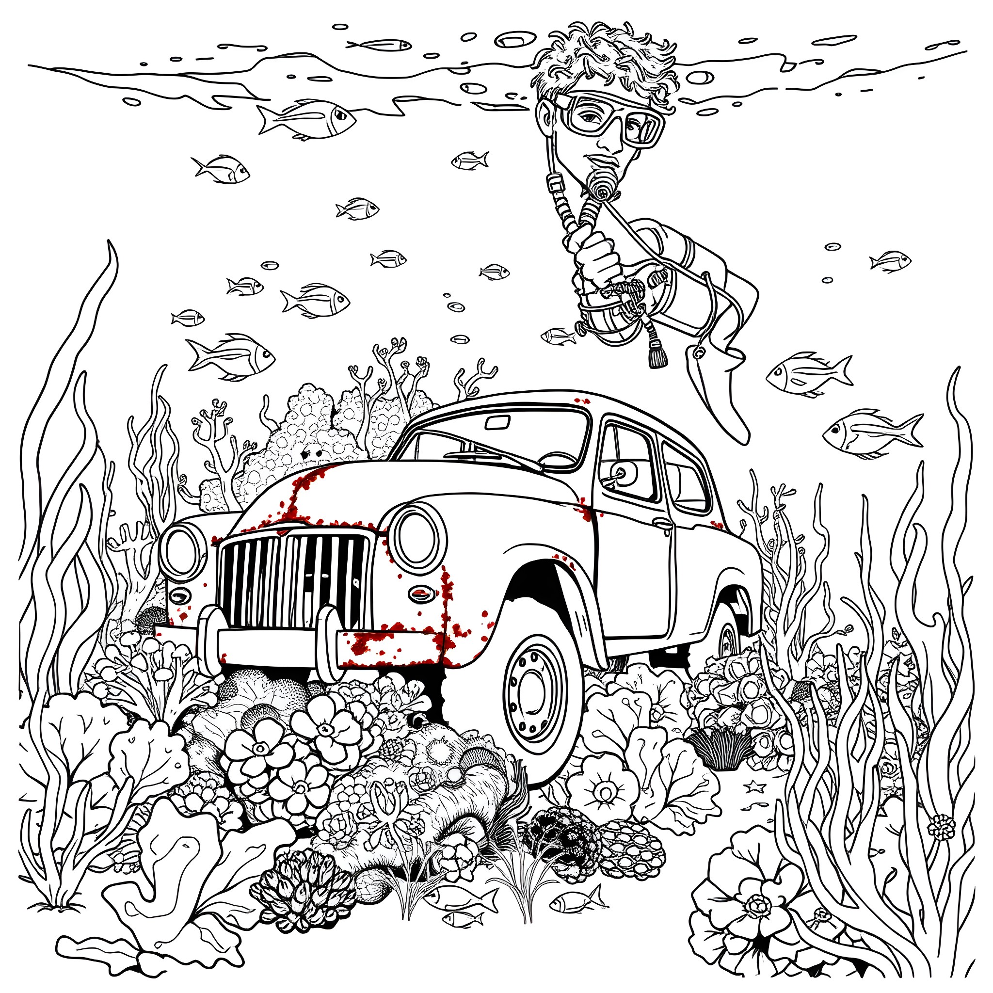 Scuba Diver exploring underwater scenery with vintage car Coloring Page (free black-and-white line drawing printable PDF for all, from beginners to advanced learners, including children, teens, adults, and seniors)
