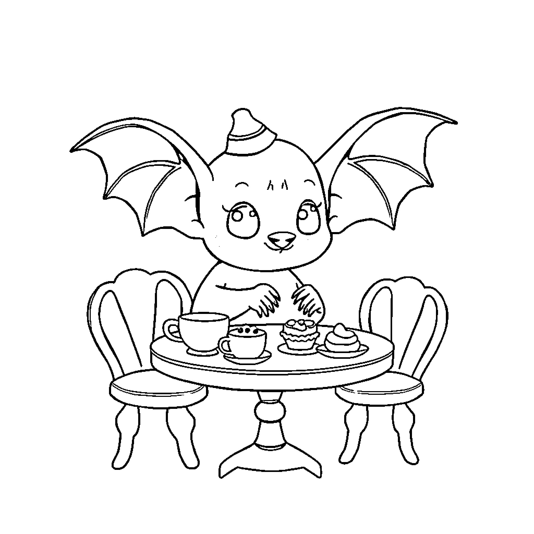 Bat enjoying a delightful tea party Coloring Page (free black-and-white line drawing printable PDF for all, from beginners to advanced learners, including children, teens, adults, and seniors)