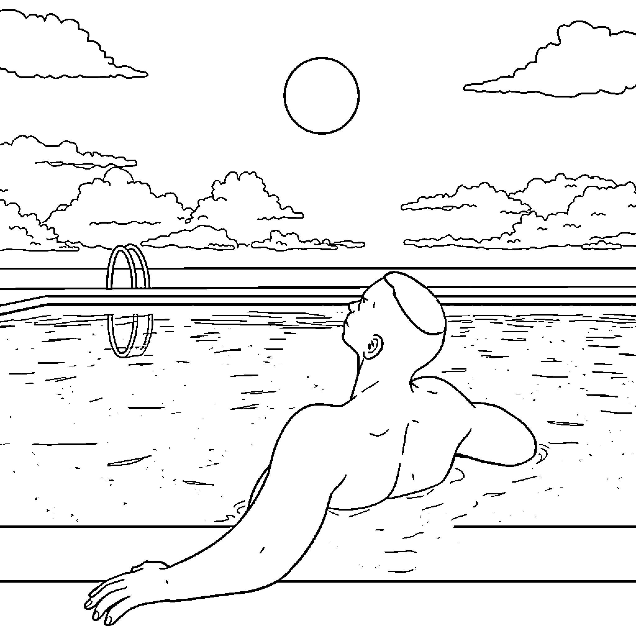 Mbappe swimming in the ocean at sunset Coloring Page (free black-and-white line drawing printable PDF for all, from beginners to advanced learners, including children, teens, adults, and seniors)
