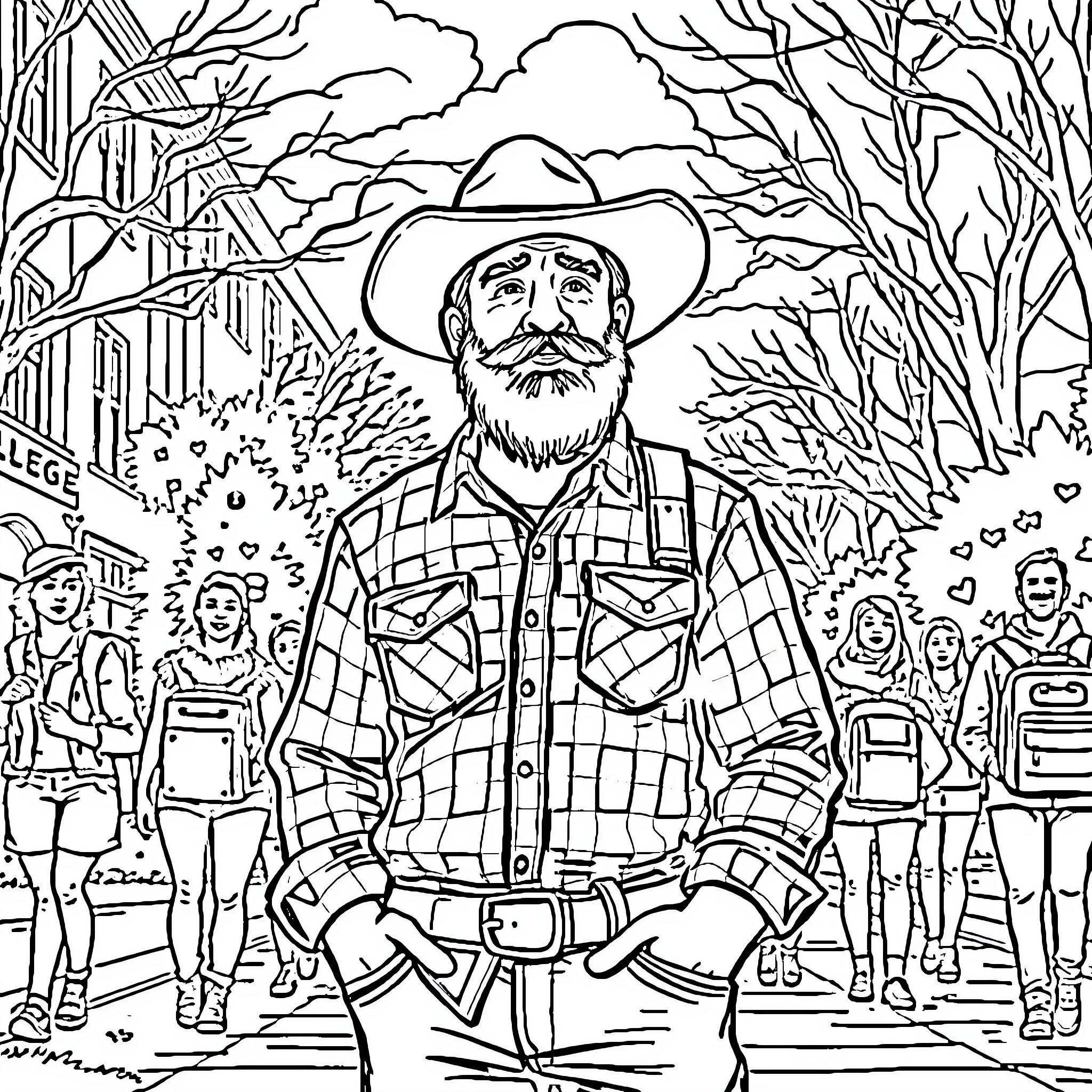 Lumberjack standing amidst nature with people in the background Coloring Page (free black-and-white line drawing printable PDF for all, from beginners to advanced learners, including children, teens, adults, and seniors)