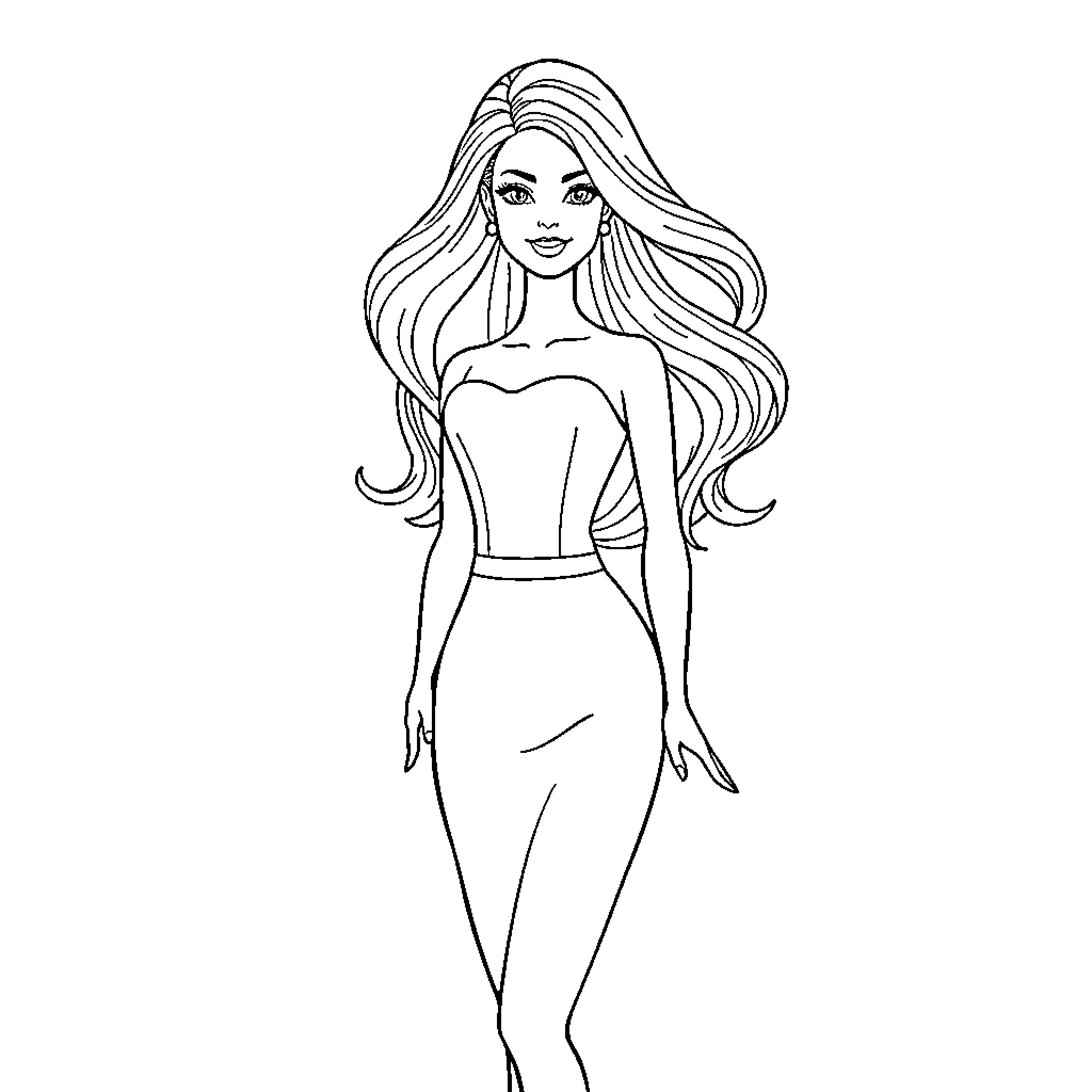Barbie posing elegantly in a strapless dress Coloring Page (free black-and-white line drawing printable PDF for all, from beginners to advanced learners, including children, teens, adults, and seniors)