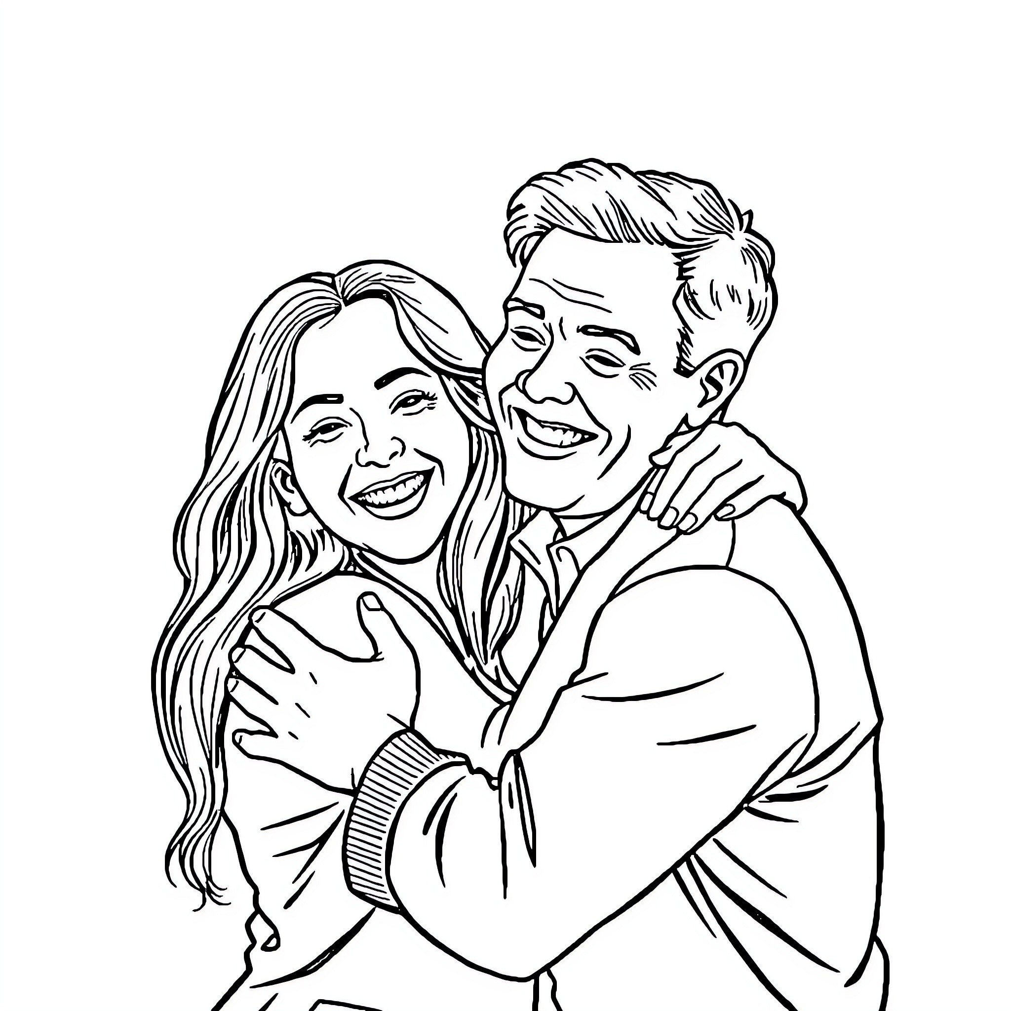 Man and Woman Embracing Happily Coloring Page (free black-and-white line drawing printable PDF for all, from beginners to advanced learners, including children, teens, adults, and seniors)