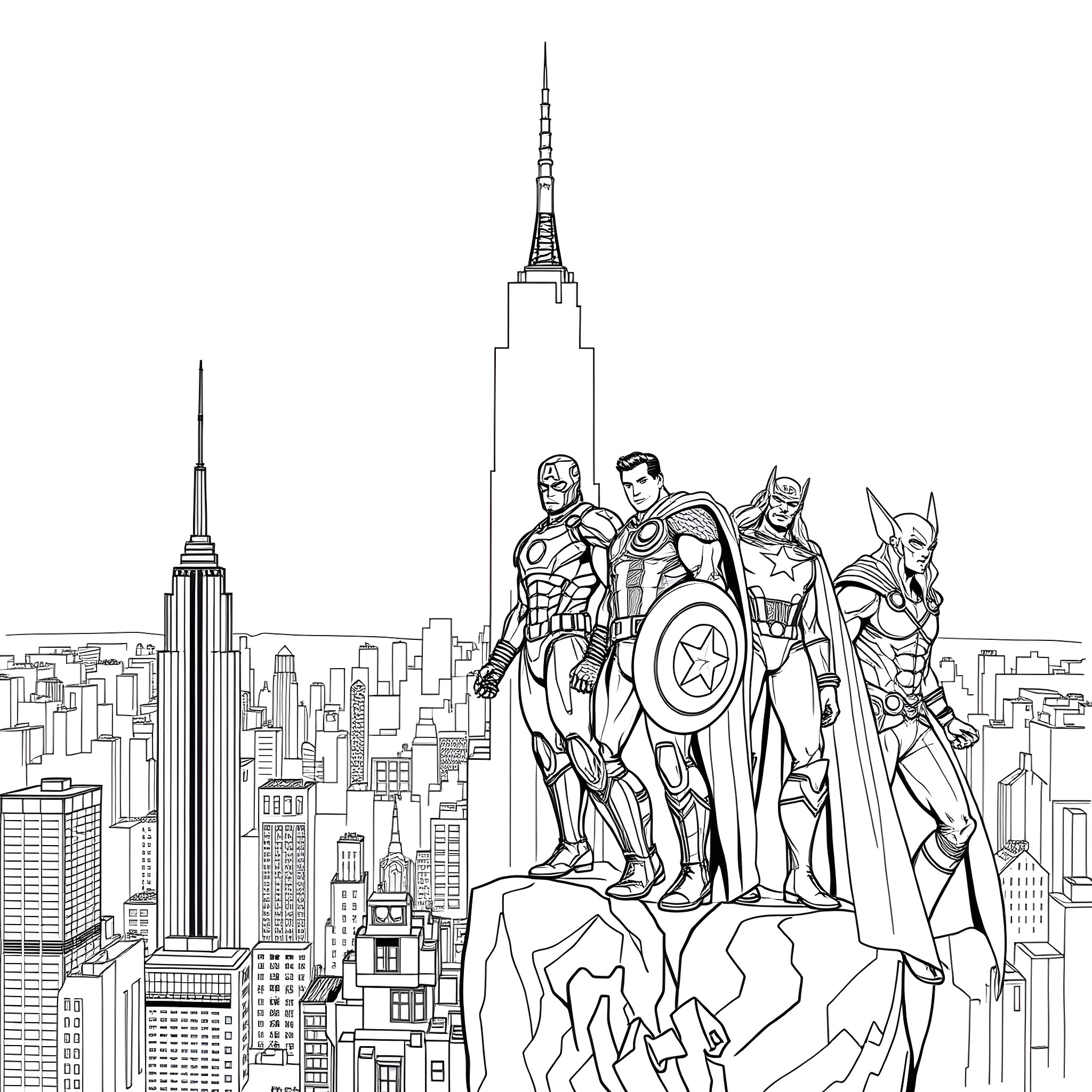 Avengers assembling over the city skyline Coloring Page (free black-and-white line drawing printable PDF for all, from beginners to advanced learners, including children, teens, adults, and seniors)