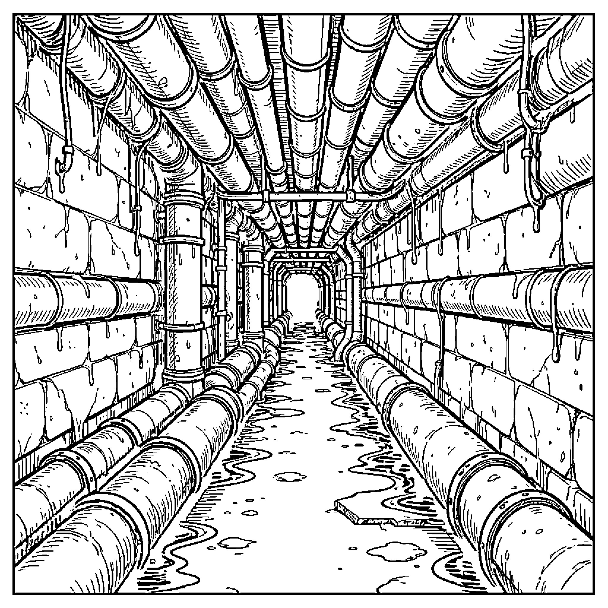 Pipe lined tunnel with water dripping on walls Coloring Page (free black-and-white line drawing printable PDF for all, from beginners to advanced learners, including children, teens, adults, and seniors)
