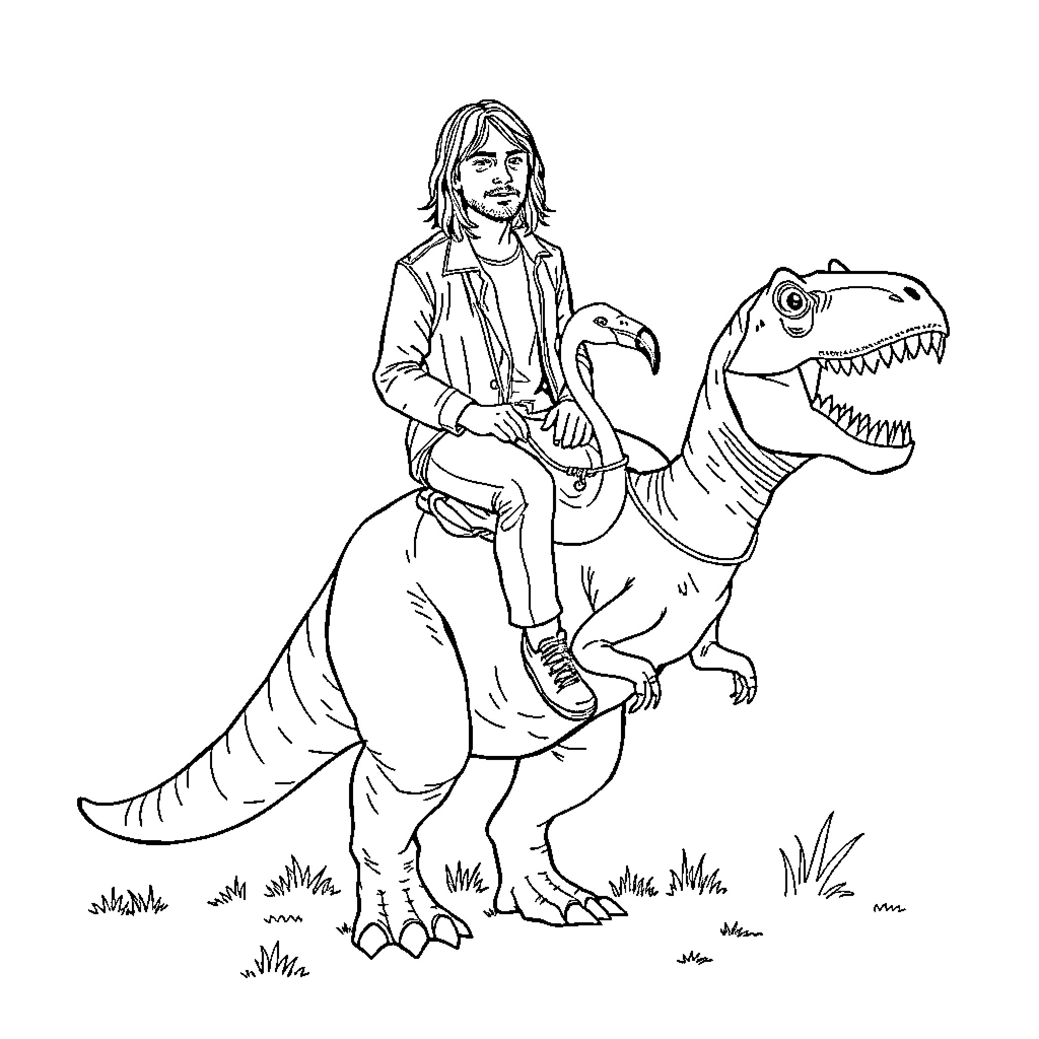 Kurt Cobain riding a ferocious dinosaur Coloring Page (free black-and-white line drawing printable PDF for all, from beginners to advanced learners, including children, teens, adults, and seniors)