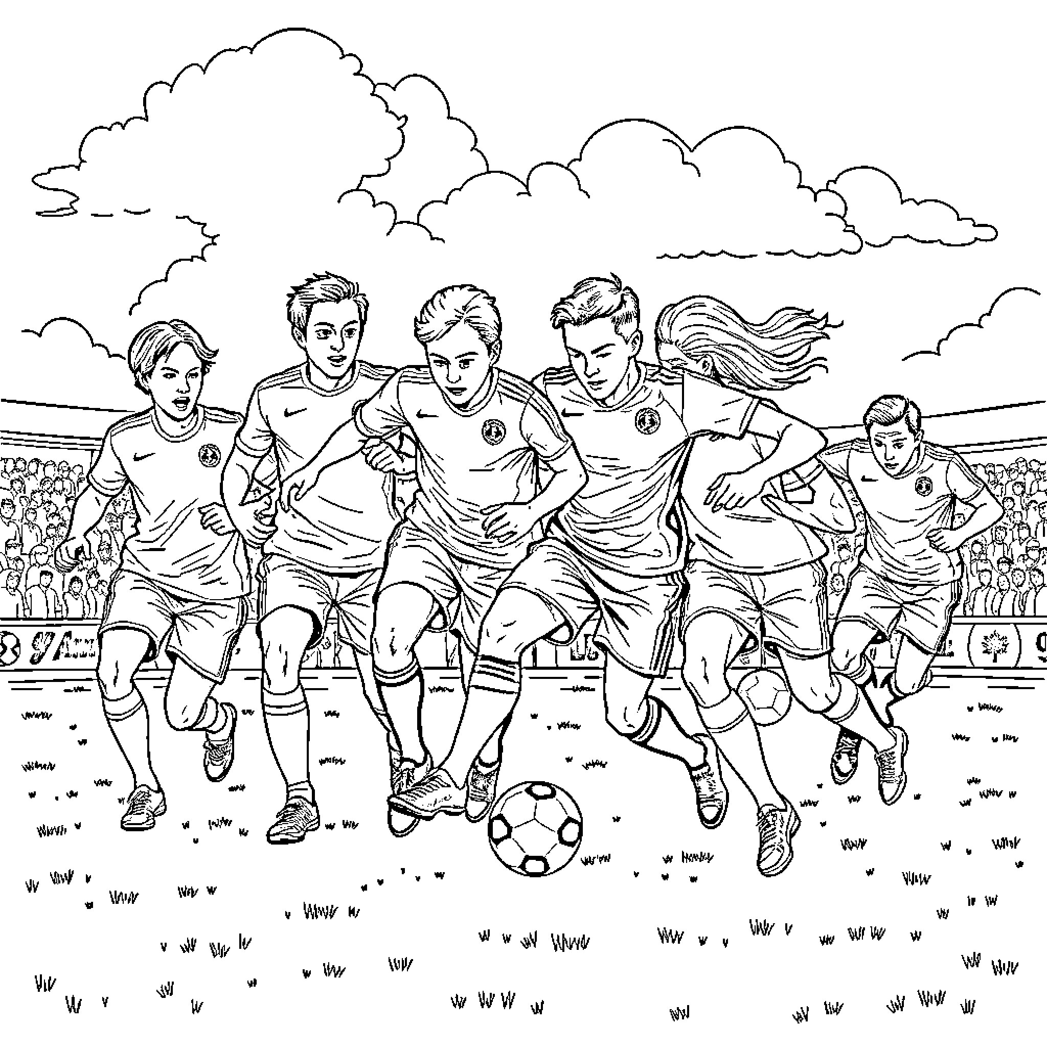 Foot players running on the field in action Coloring Page (free black-and-white line drawing printable PDF for all, from beginners to advanced learners, including children, teens, adults, and seniors)