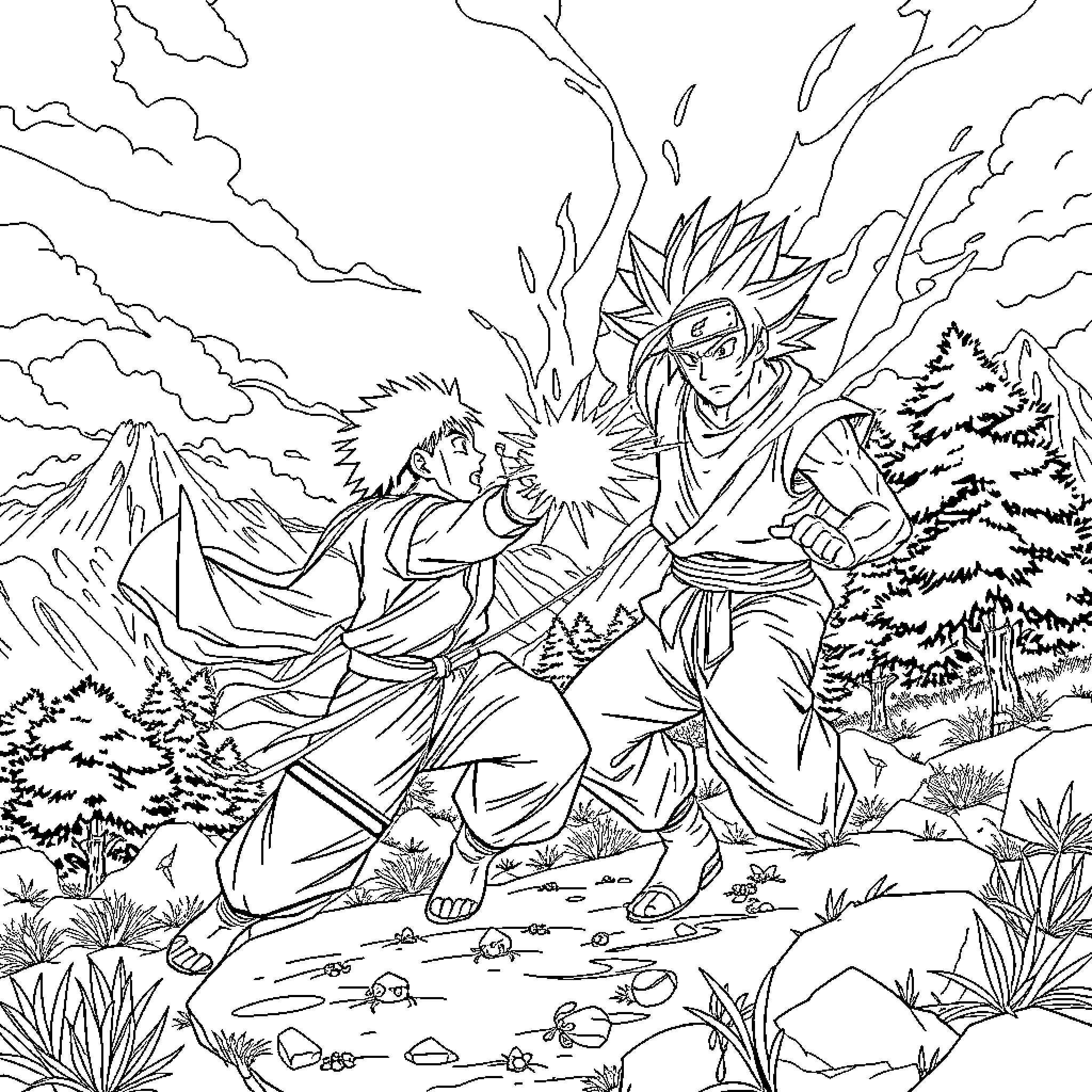 Naruto Ninja Warriors in Epic Battle Amid Nature Coloring Page (free black-and-white line drawing printable PDF for all, from beginners to advanced learners, including children, teens, adults, and seniors)
