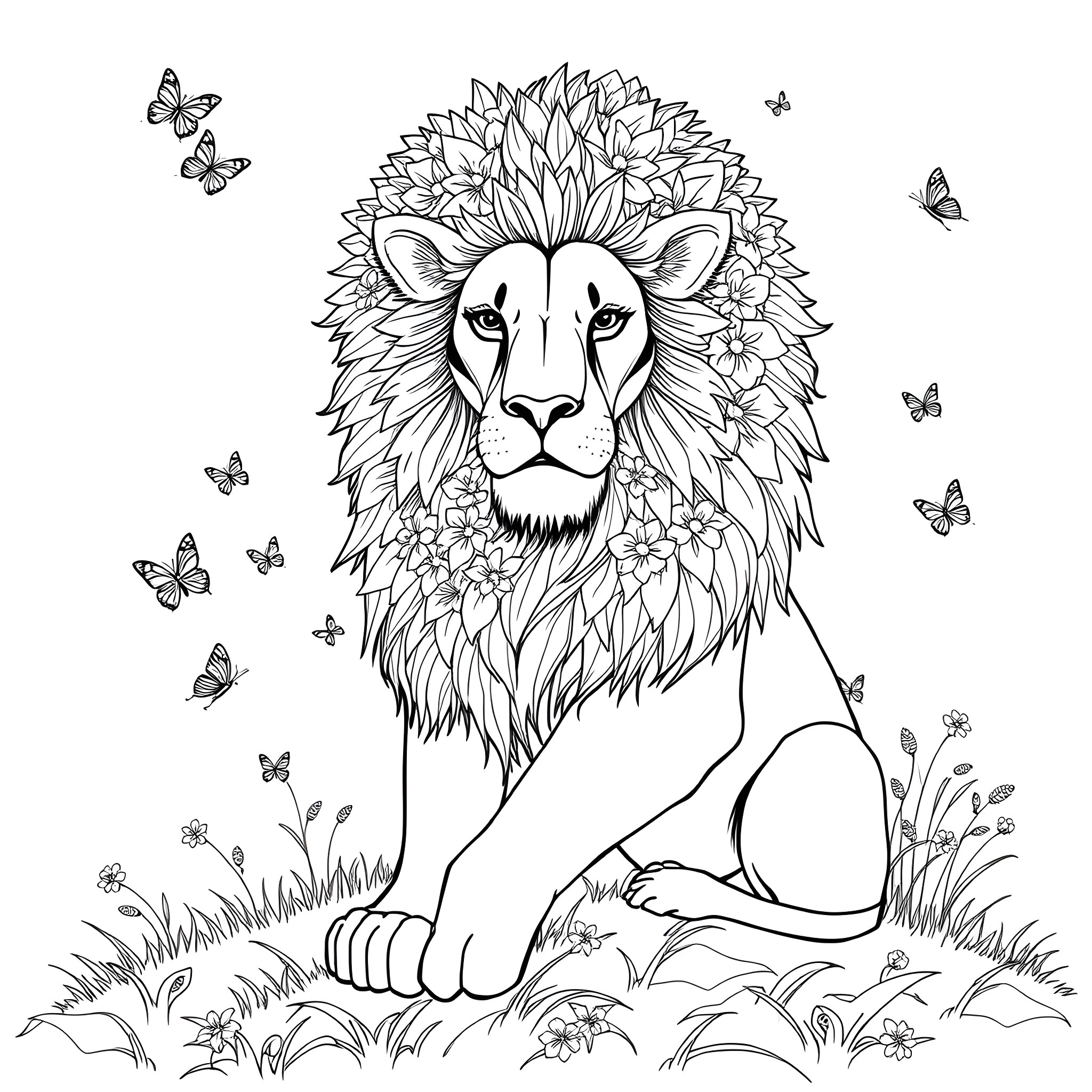 Lion sitting among flowers and butterflies Coloring Page (free black-and-white line drawing printable PDF for all, from beginners to advanced learners, including children, teens, adults, and seniors)
