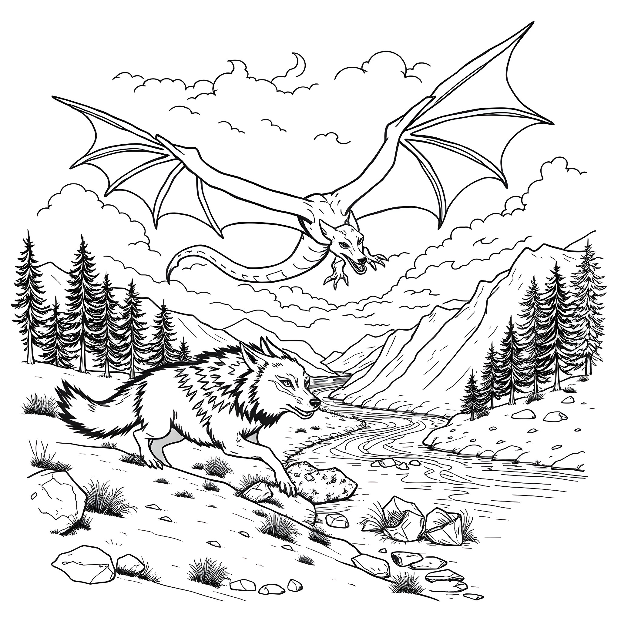 Dragon soaring over a mountainous forest landscape Coloring Page (free black-and-white line drawing printable PDF for all, from beginners to advanced learners, including children, teens, adults, and seniors)