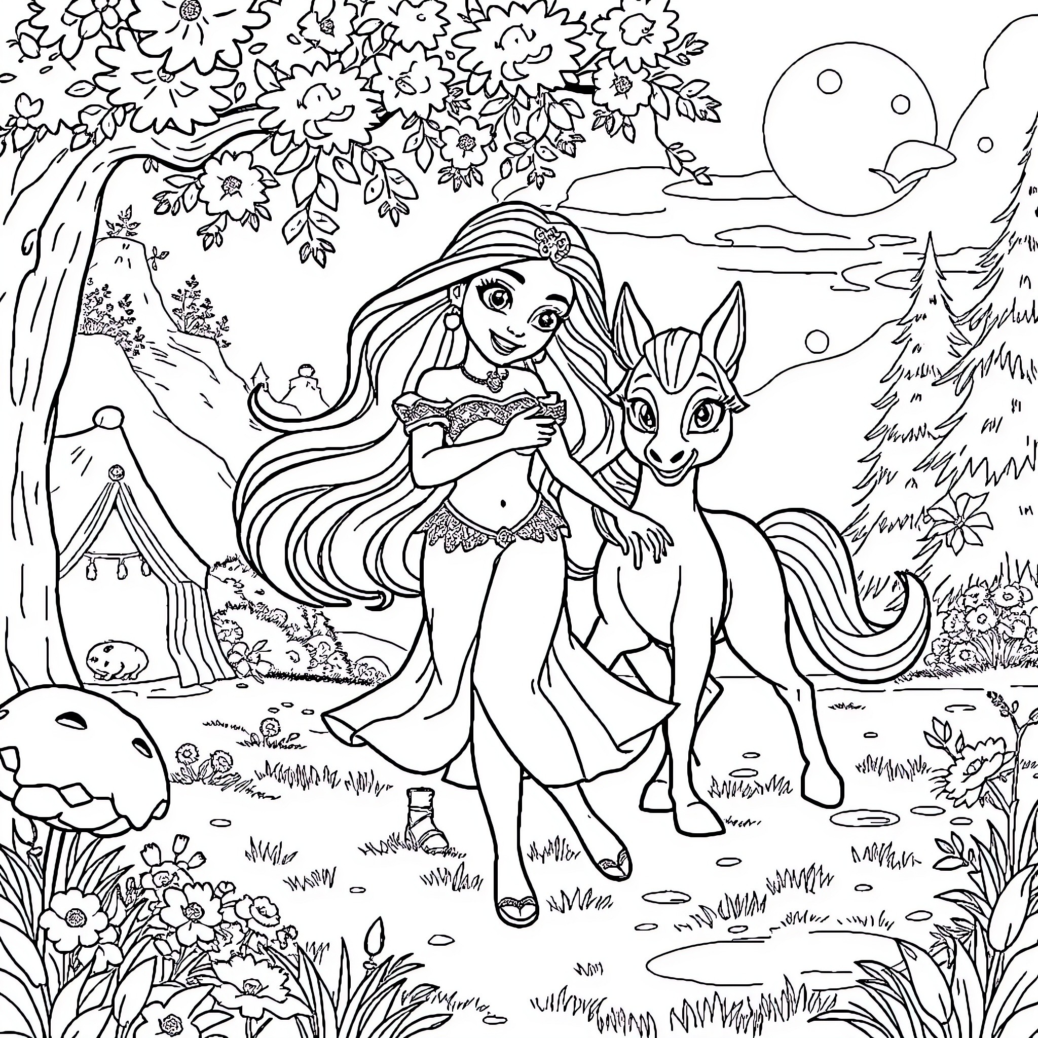 Vaiana exploring the enchanted forest with her animal friend Coloring Page (free black-and-white line drawing printable PDF for all, from beginners to advanced learners, including children, teens, adults, and seniors)