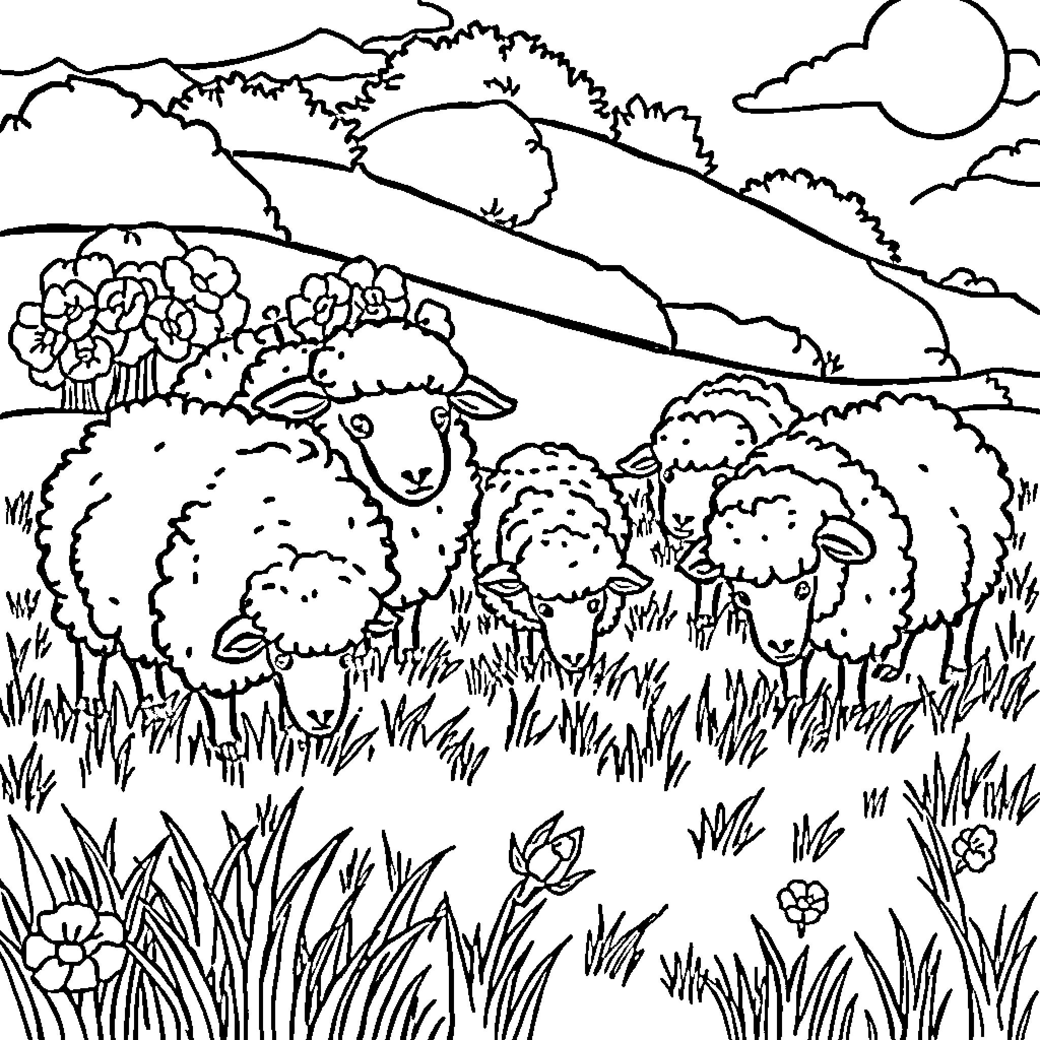 Sheep grazing in a serene countryside landscape Coloring Page (free black-and-white line drawing printable PDF for all, from beginners to advanced learners, including children, teens, adults, and seniors)