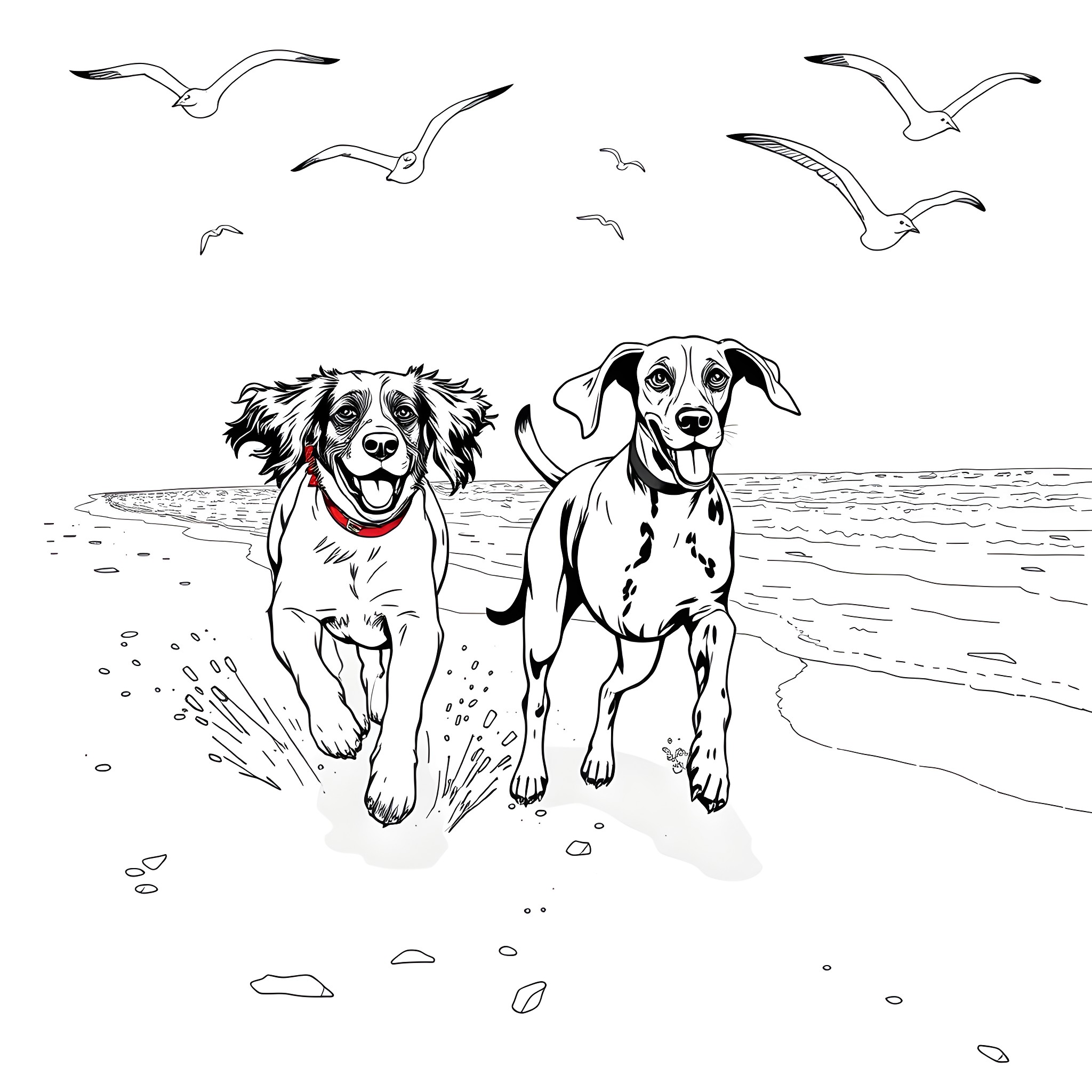 Dogs playing happily on the beach Coloring Page (free black-and-white line drawing printable PDF for all, from beginners to advanced learners, including children, teens, adults, and seniors)