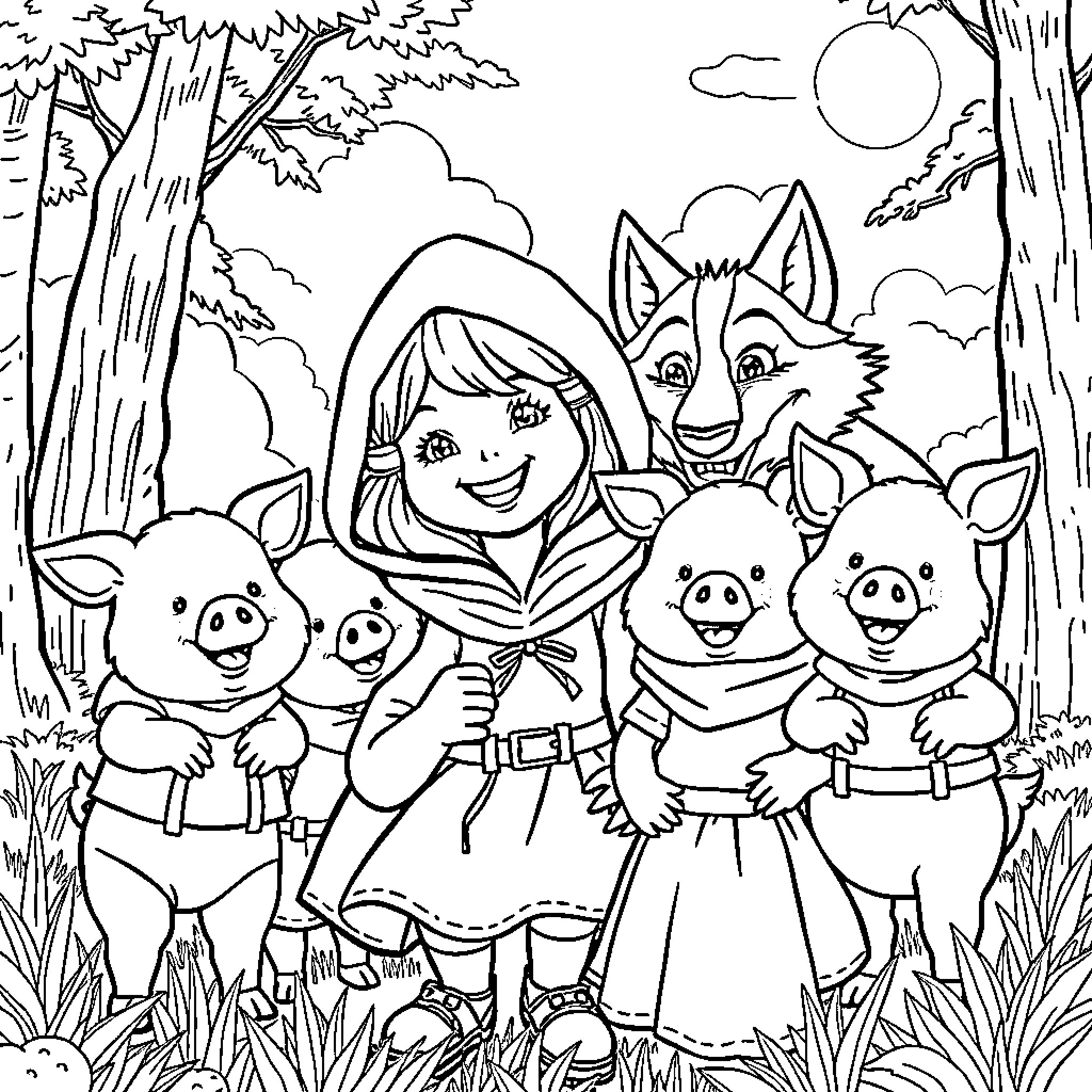 Little Red Riding Hood adventures with wolf and pigs Coloring Page (free black-and-white line drawing printable PDF for all, from beginners to advanced learners, including children, teens, adults, and seniors)
