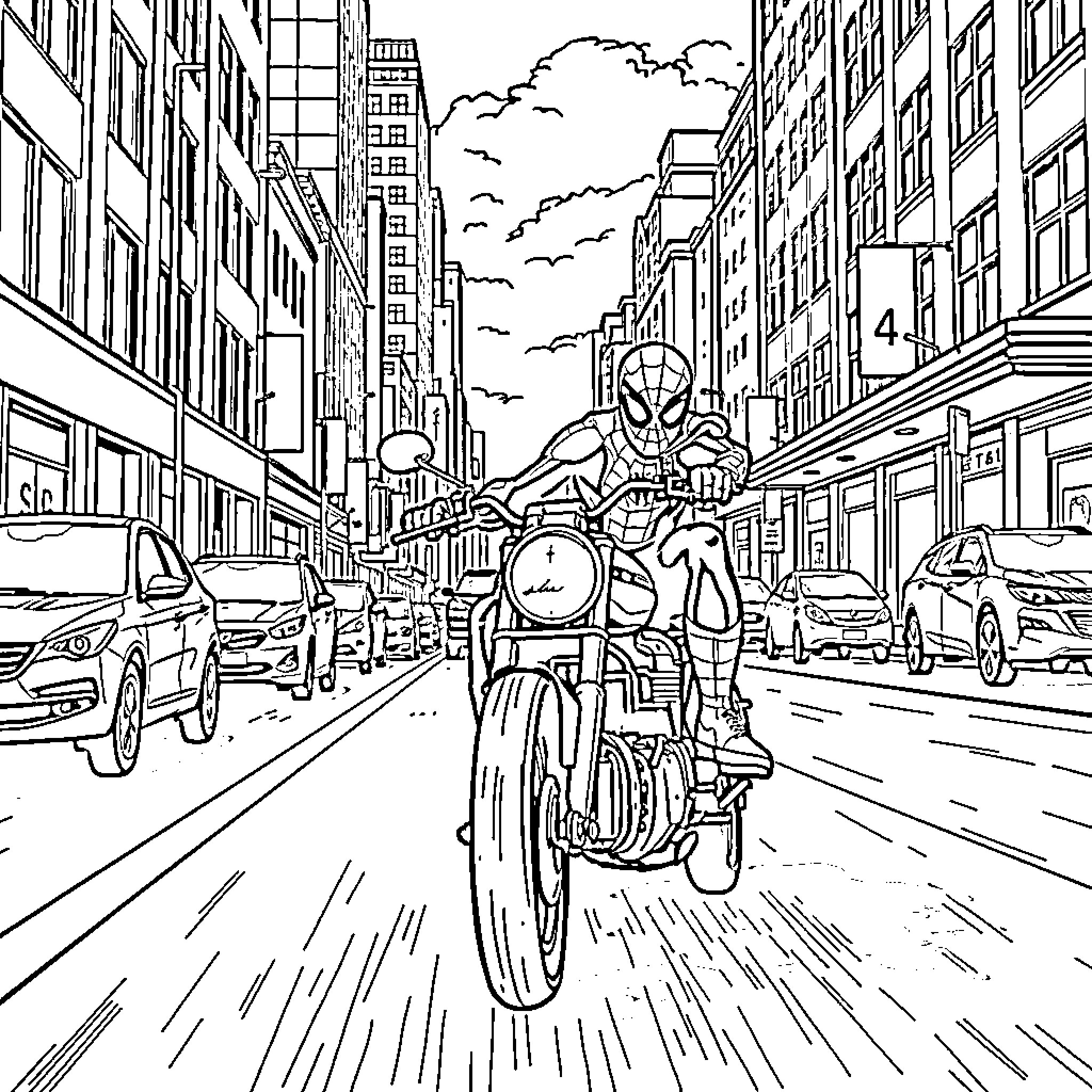 Spiderman riding a motorcycle through a busy city street Coloring Page (free black-and-white line drawing printable PDF for all, from beginners to advanced learners, including children, teens, adults, and seniors)