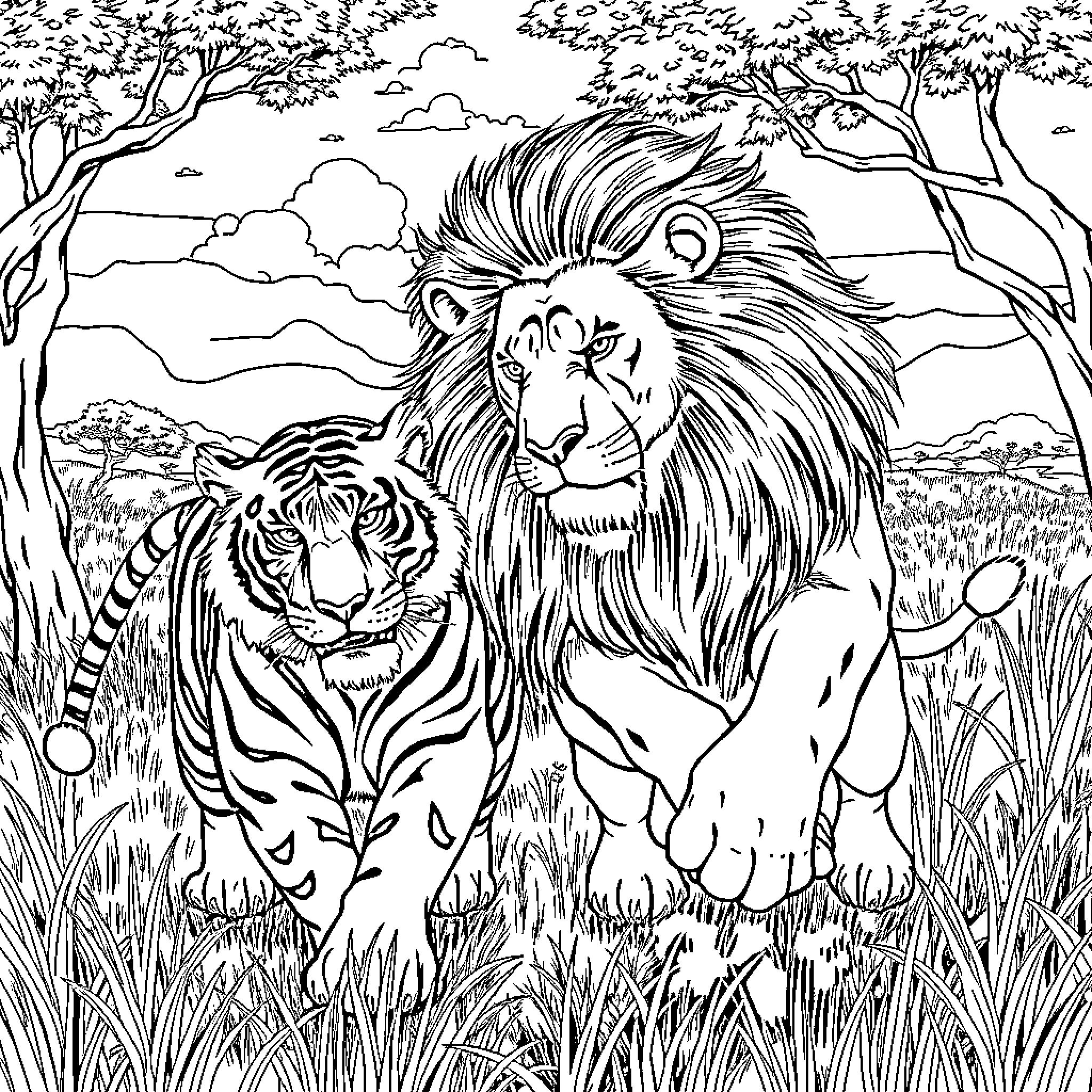 Lion and tiger in the wilderness Coloring Page (free black-and-white line drawing printable PDF for all, from beginners to advanced learners, including children, teens, adults, and seniors)