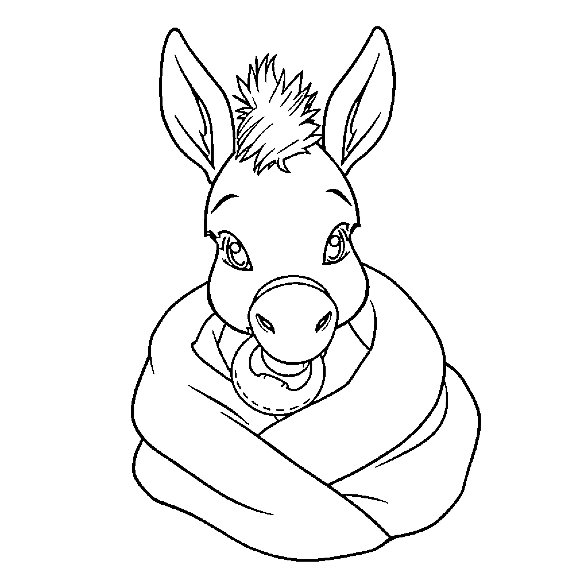 Donkey wrapped in blanket with curious expression Coloring Page (free black-and-white line drawing printable PDF for all, from beginners to advanced learners, including children, teens, adults, and seniors)