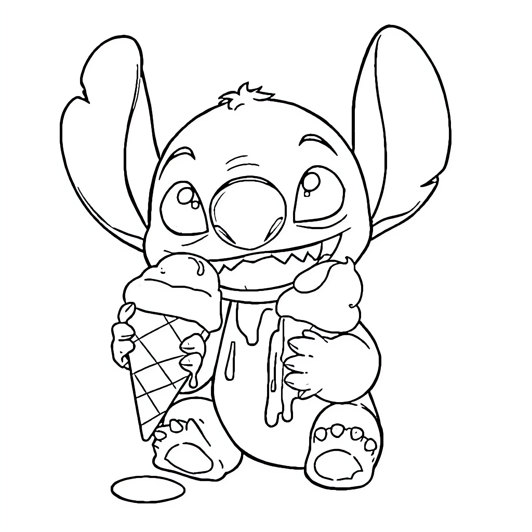 Stitch enjoying an ice cream treat Coloring Page (free black-and-white line drawing printable PDF for all, from beginners to advanced learners, including children, teens, adults, and seniors)
