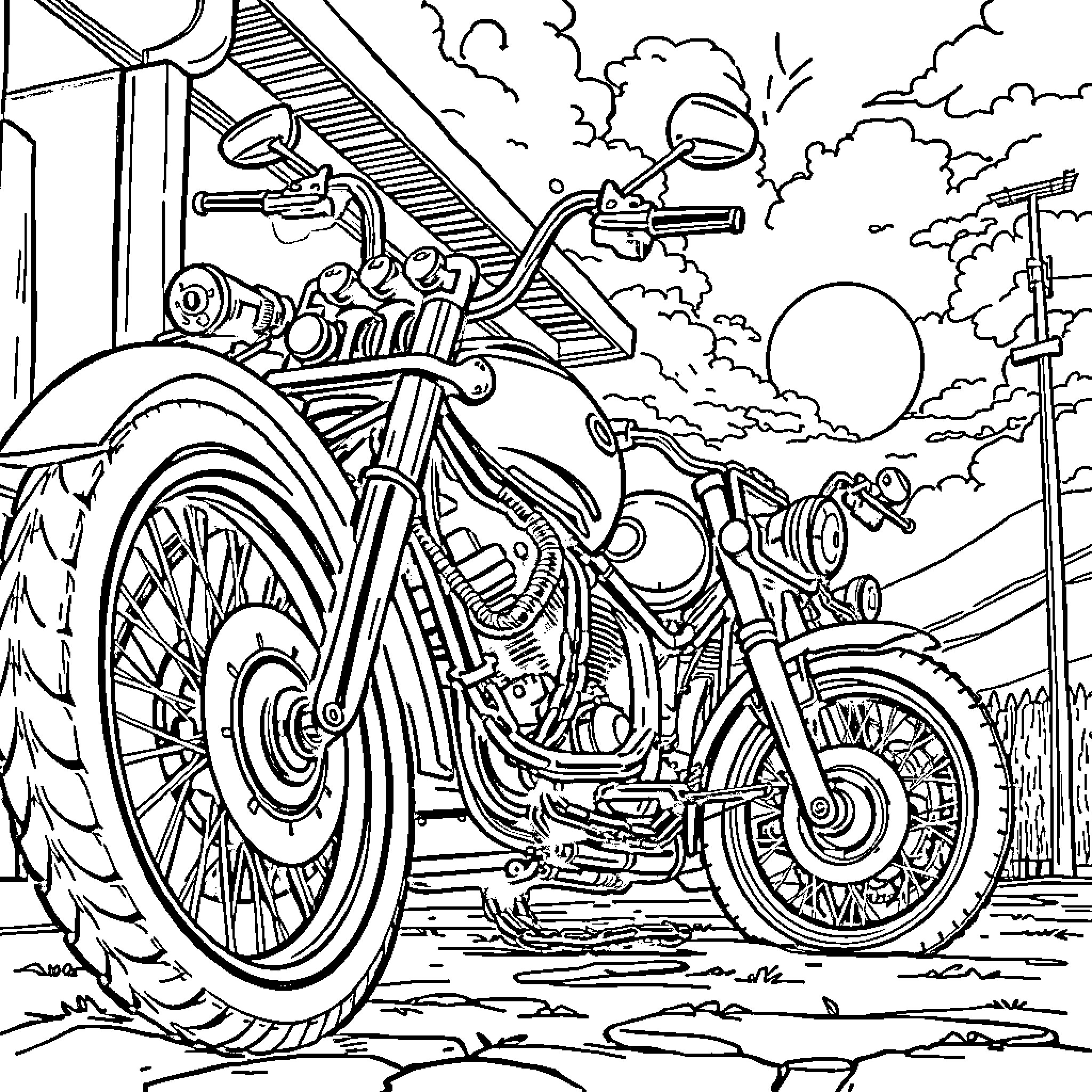 Vatos on Vintage Motorcycles in the Countryside Coloring Page (free black-and-white line drawing printable PDF for all, from beginners to advanced learners, including children, teens, adults, and seniors)