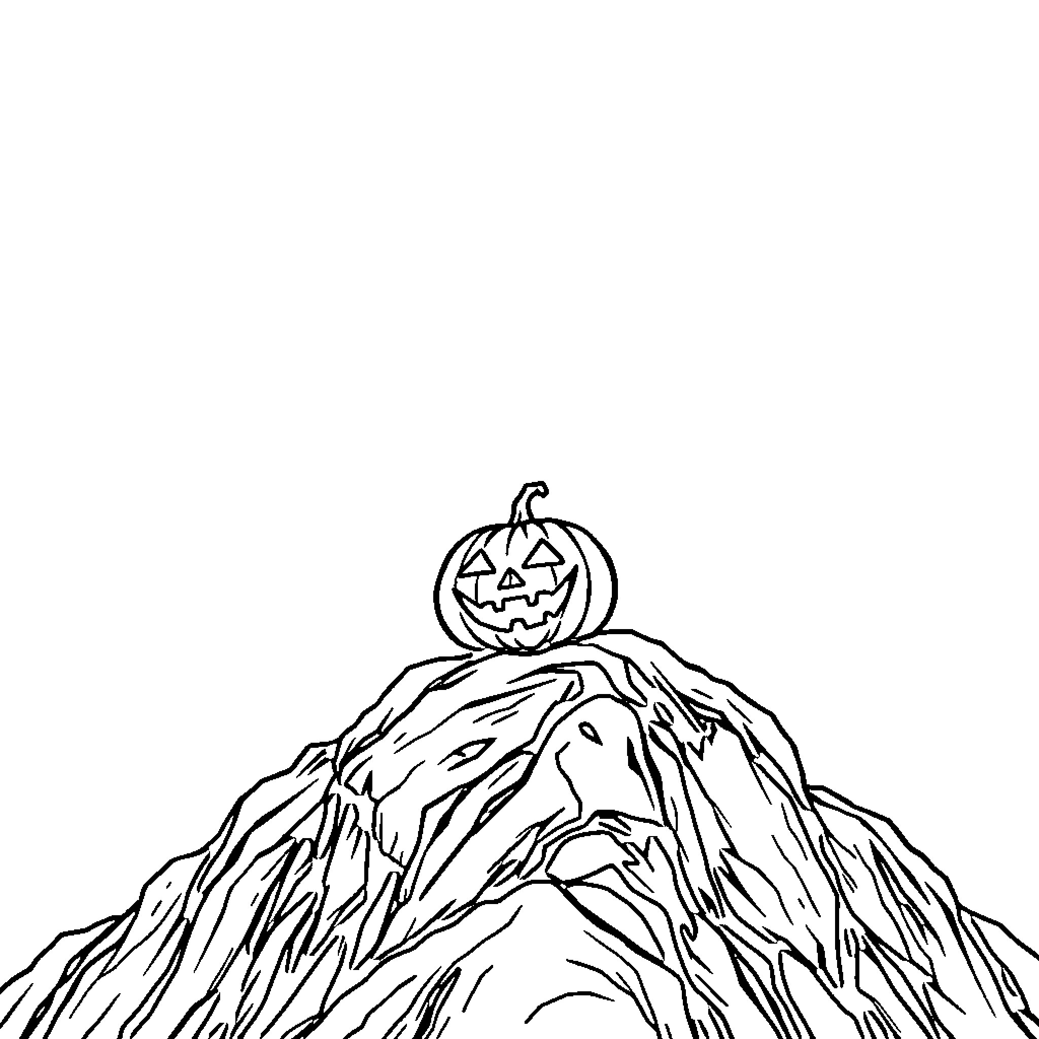Jack-o'-lantern atop a spooky mountain Coloring Page (free black-and-white line drawing printable PDF for all, from beginners to advanced learners, including children, teens, adults, and seniors)