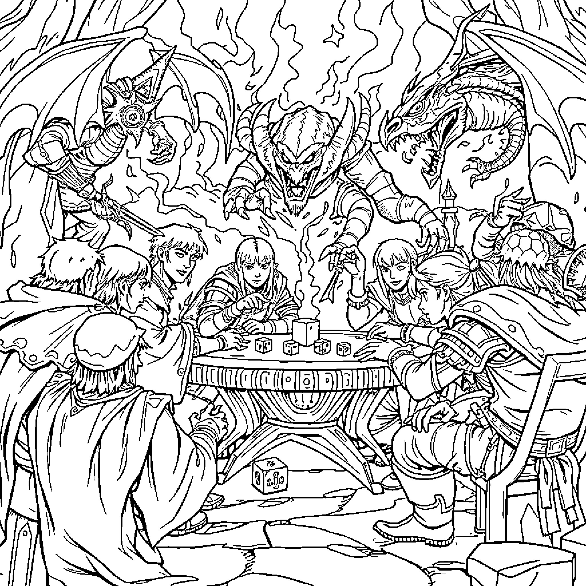 Dungeon Dwellers Gather for a Mysterious Meeting Coloring Page (free black-and-white line drawing printable PDF for all, from beginners to advanced learners, including children, teens, adults, and seniors)