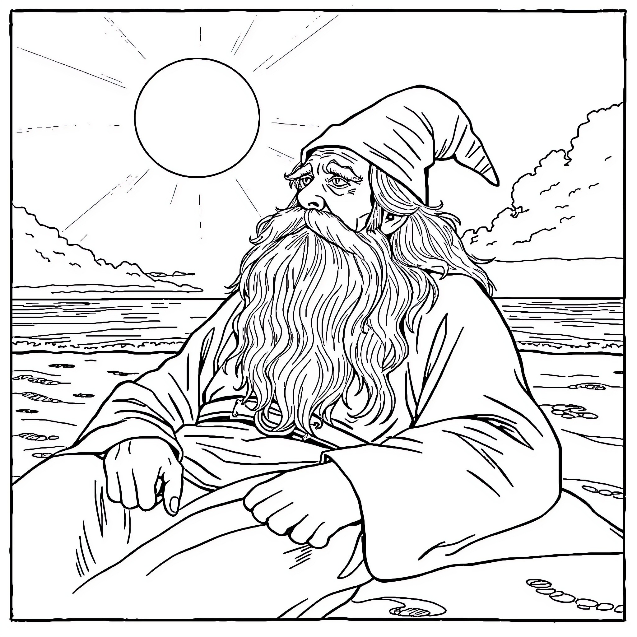Gandalf sitting by the sea under the sun Coloring Page (free black-and-white line drawing printable PDF for all, from beginners to advanced learners, including children, teens, adults, and seniors)