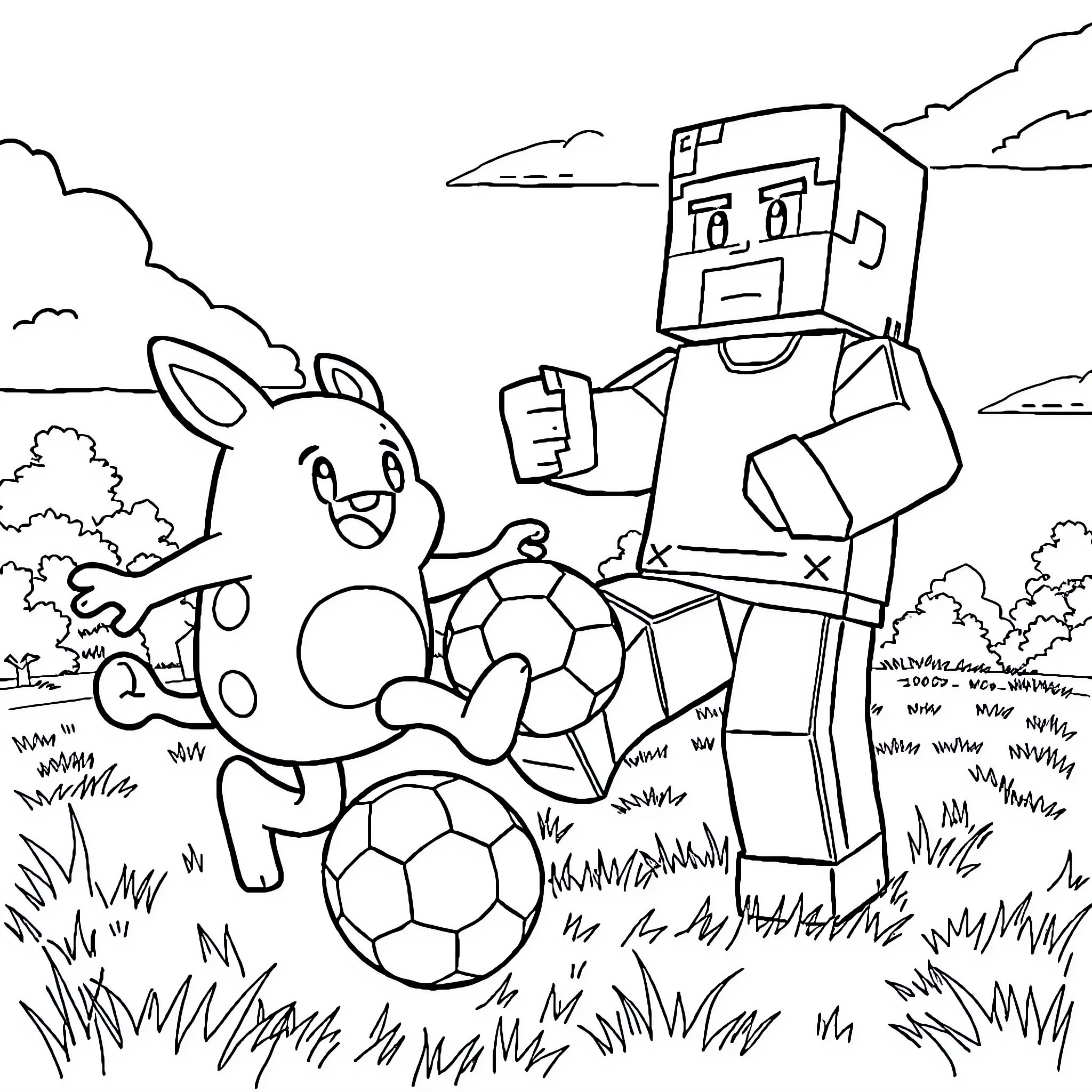 Labubu's fun soccer game with the robot Coloring Page (free black-and-white line drawing printable PDF for all, from beginners to advanced learners, including children, teens, adults, and seniors)